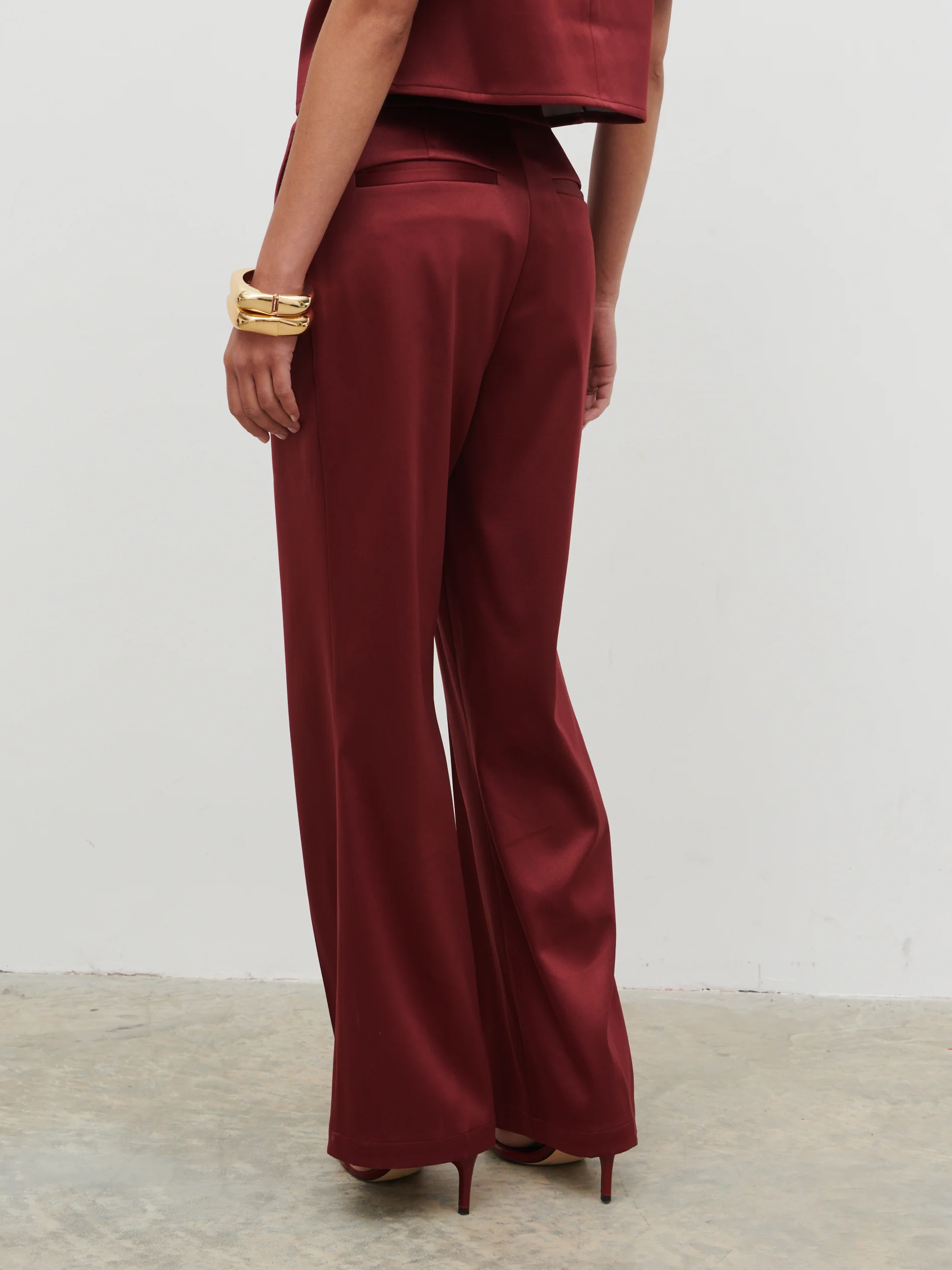 Lorah Wide Leg Bonded Satin Trousers - Wine - Image 6