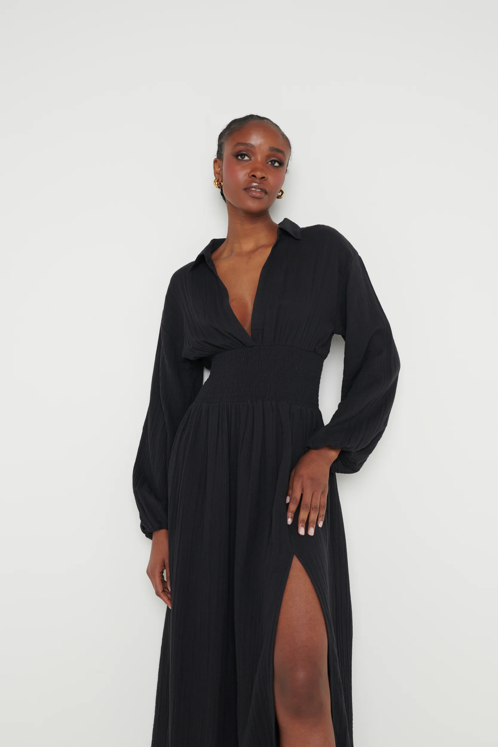 Loretta Shirred Midaxi Dress - Black - Image 4