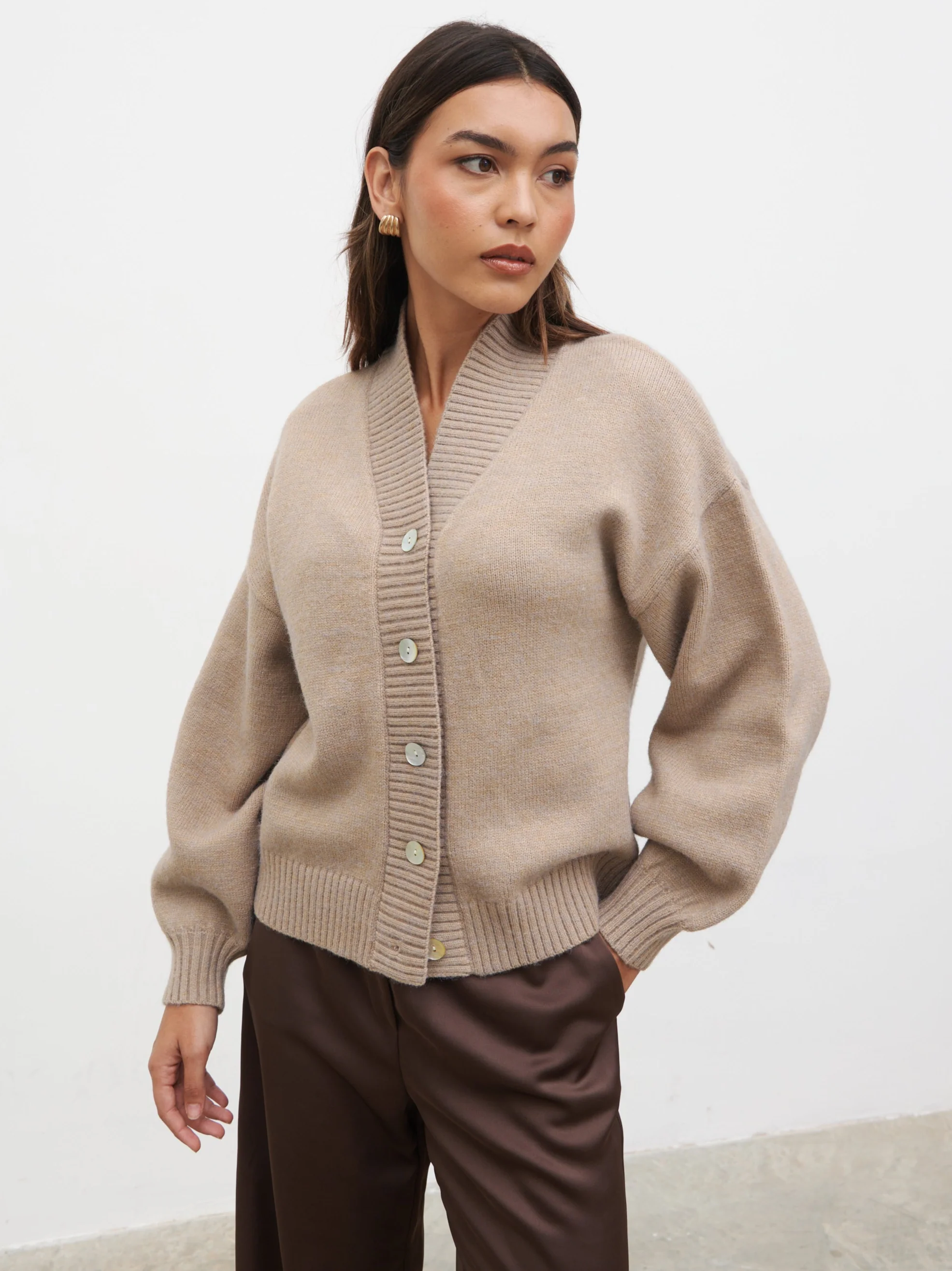 Lorrie Chunky Knit Buttoned Bomber - Dark Beige - Image 2