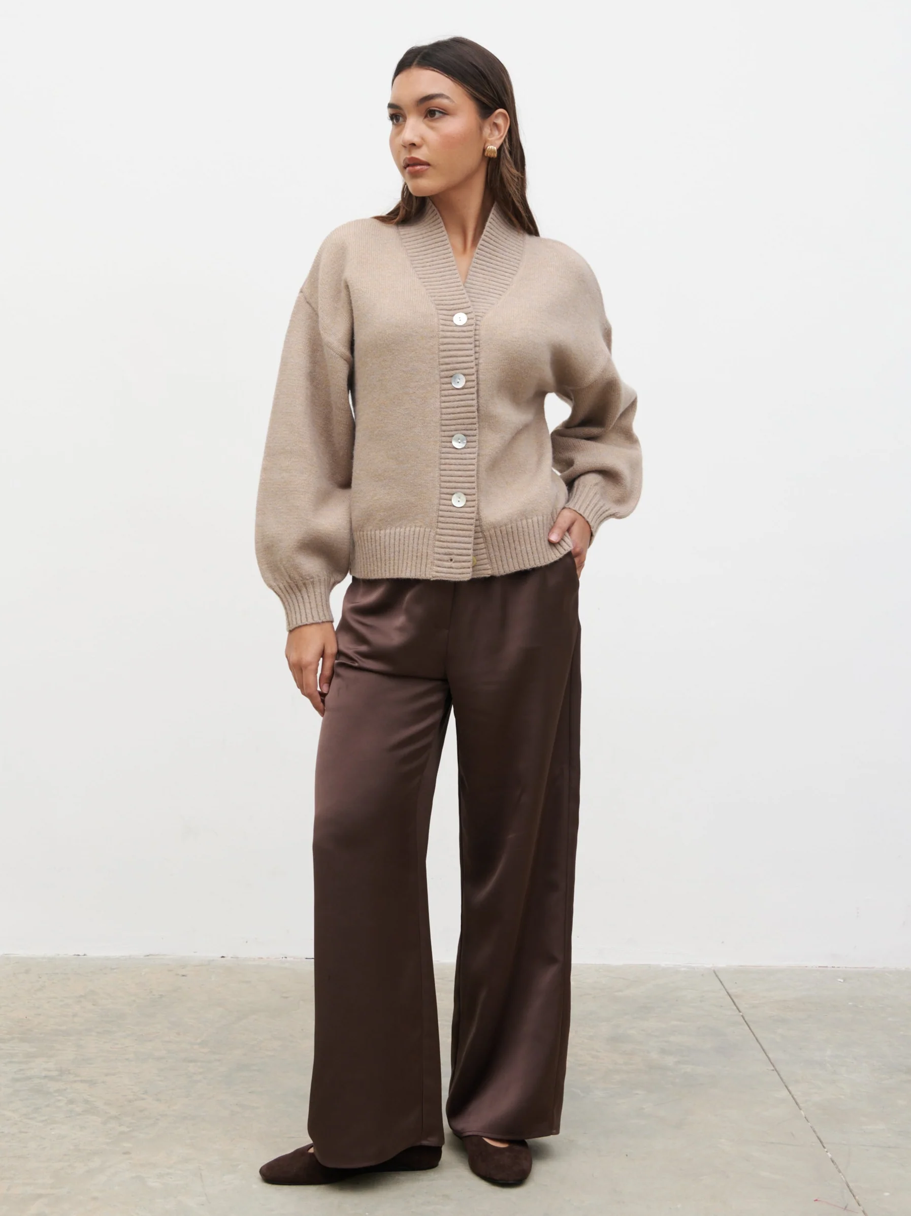 Lorrie Chunky Knit Buttoned Bomber - Dark Beige - Image 3