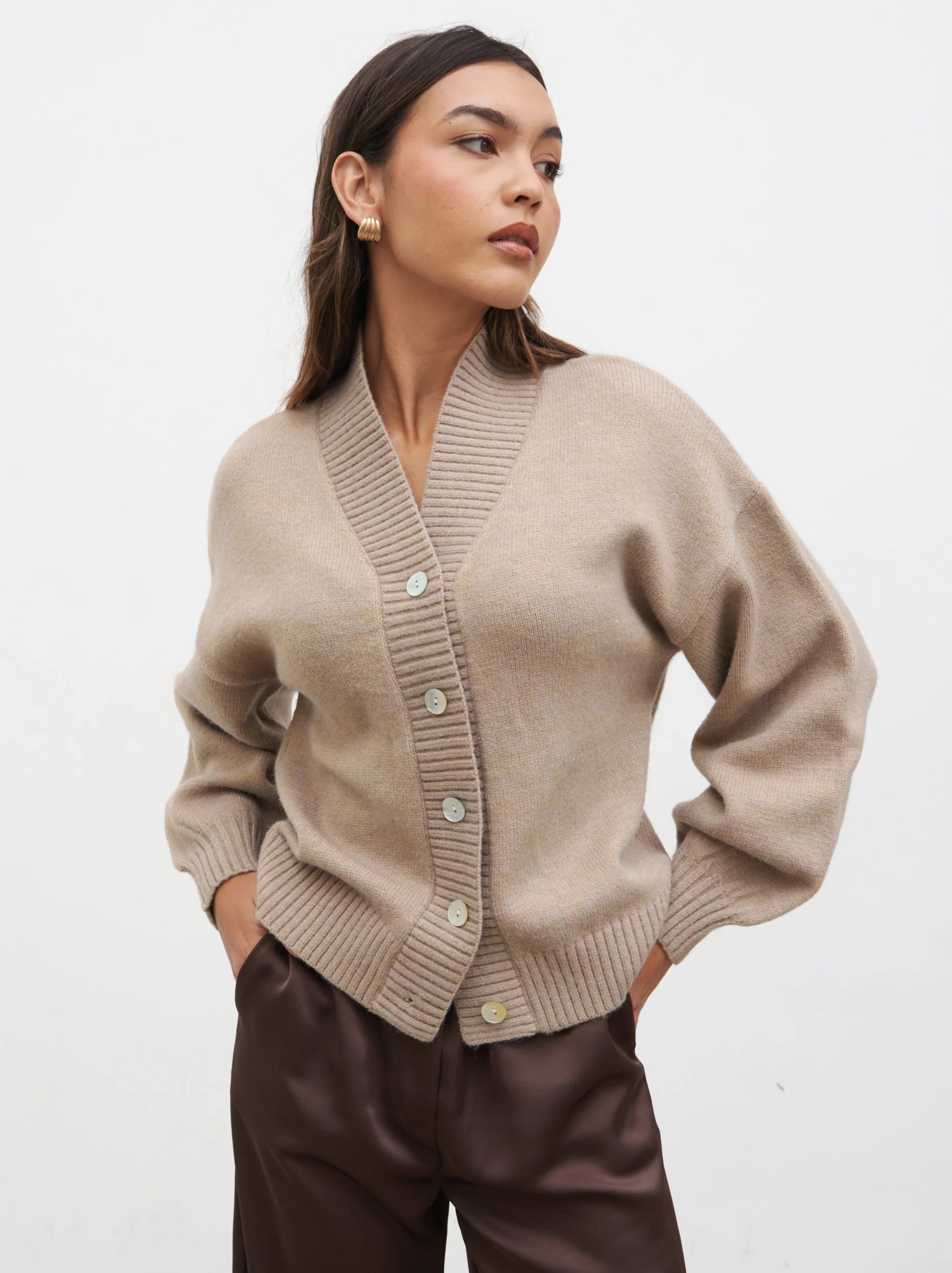 Lorrie Chunky Knit Buttoned Bomber - Dark Beige - Image 7