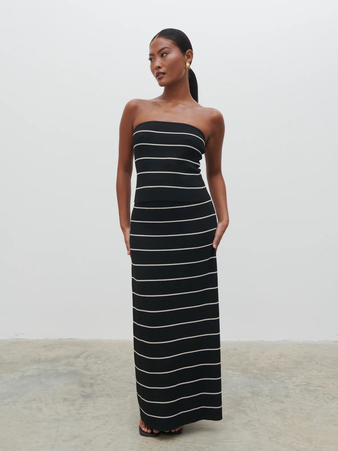 Louisa Stripe Bandeau Knit Top - Black and Cream - Image 2