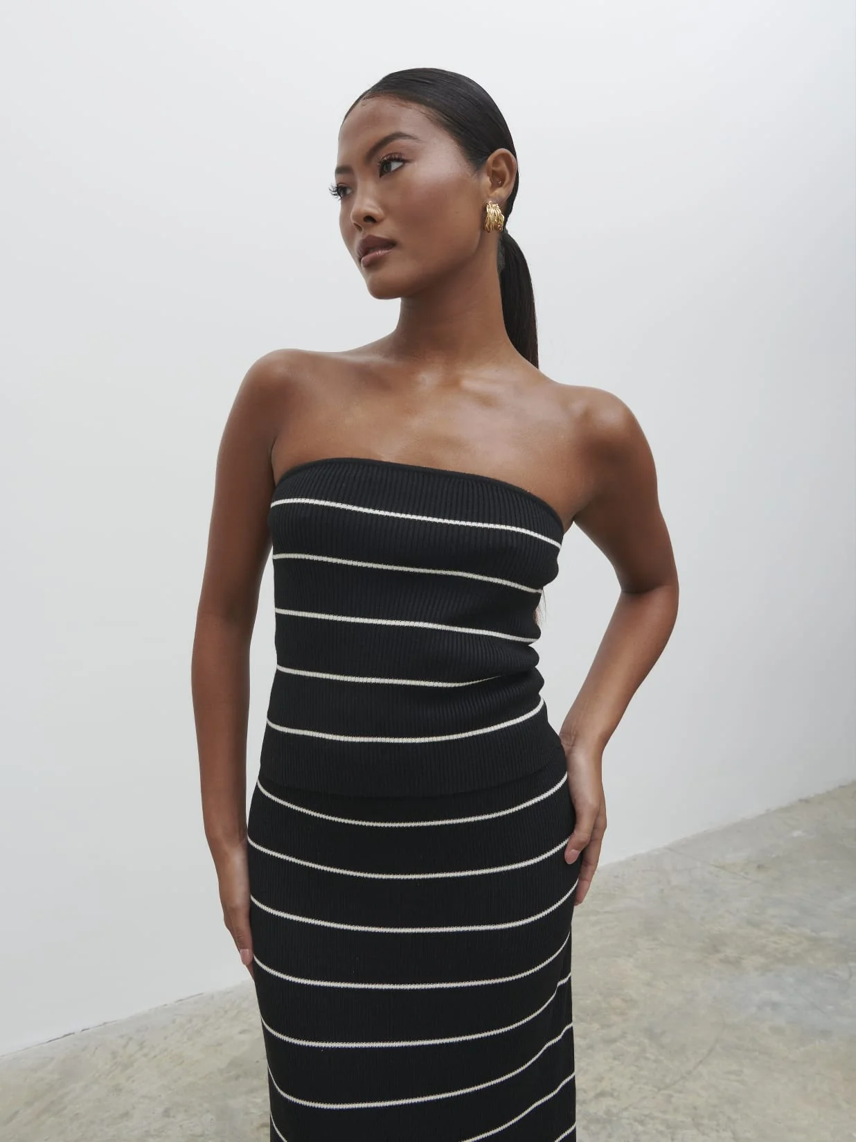 Louisa Stripe Bandeau Knit Top - Black and Cream - Image 3