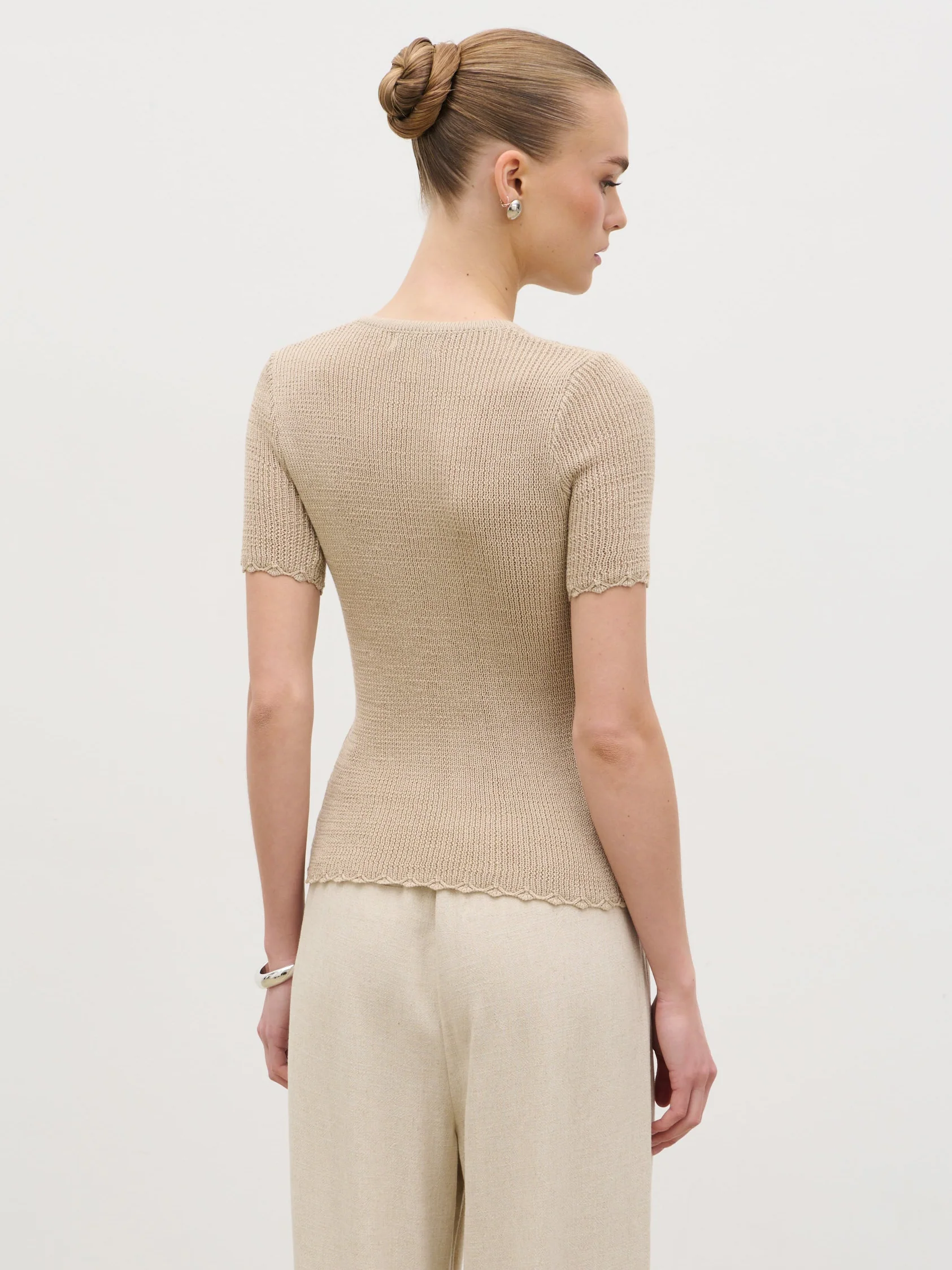 Louna Scallop Detail Cream Knit Button Top - Beige - Image 6