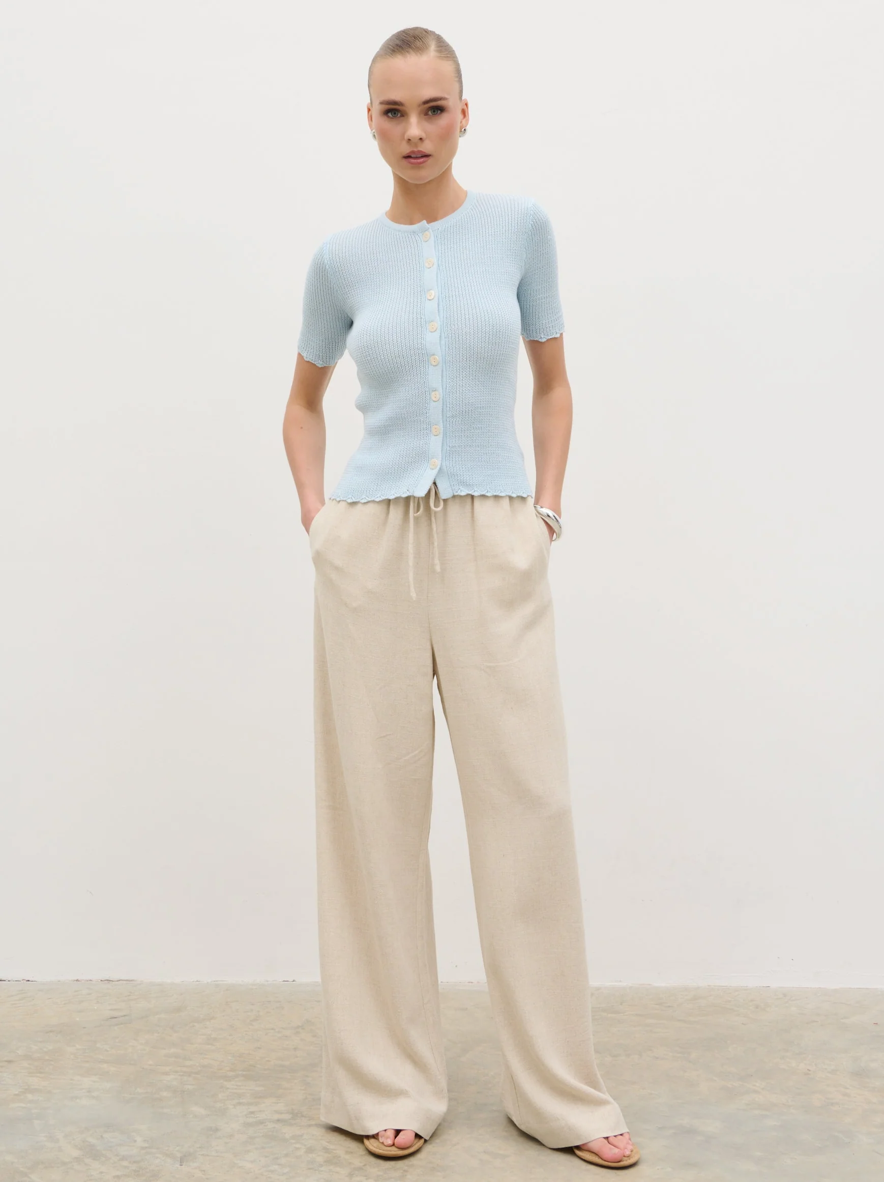 Louna Scallop Detail Cream Knit Button Top - Blue - Image 2