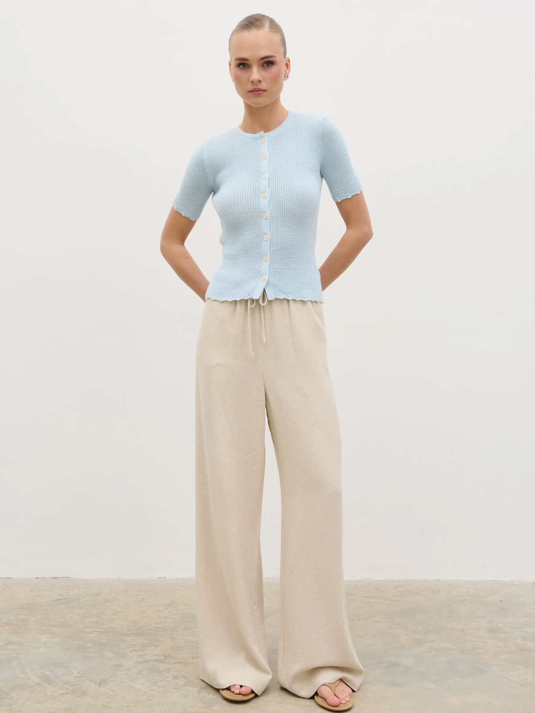 Louna Scallop Detail Cream Knit Button Top - Blue - Image 5