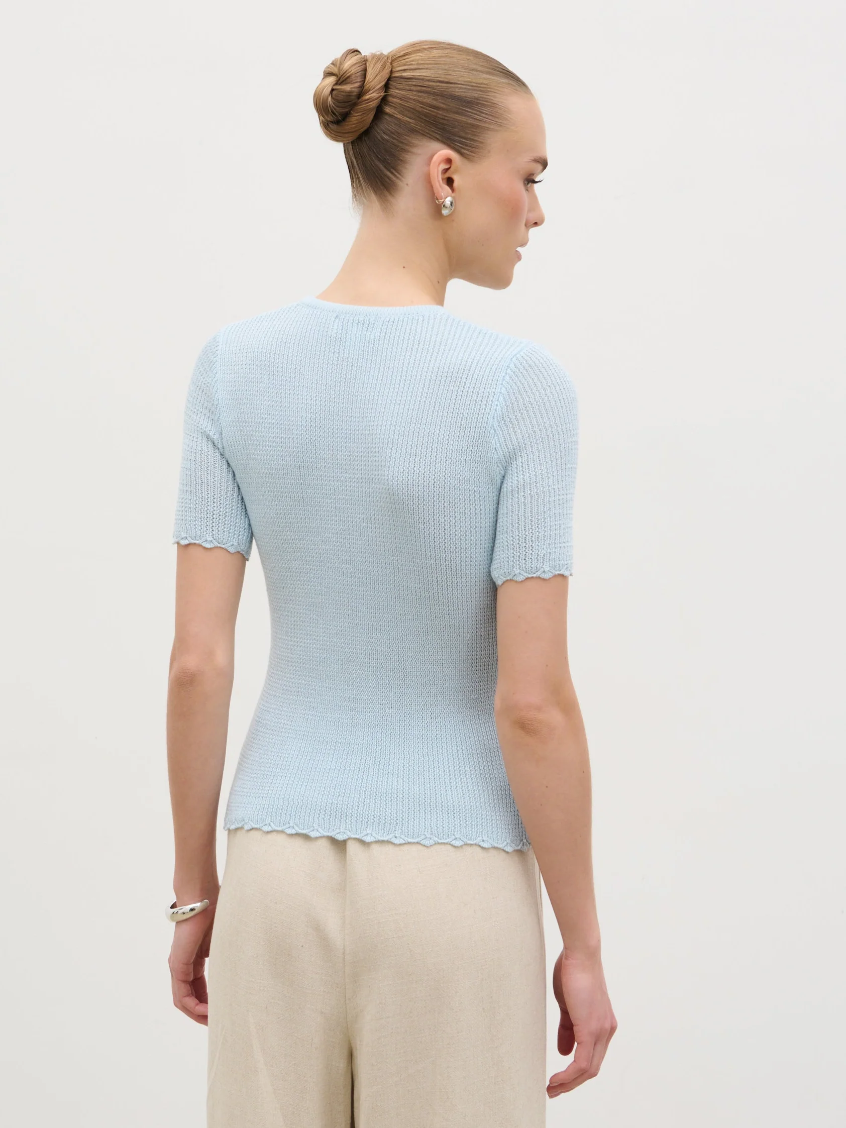 Louna Scallop Detail Cream Knit Button Top - Blue - Image 7