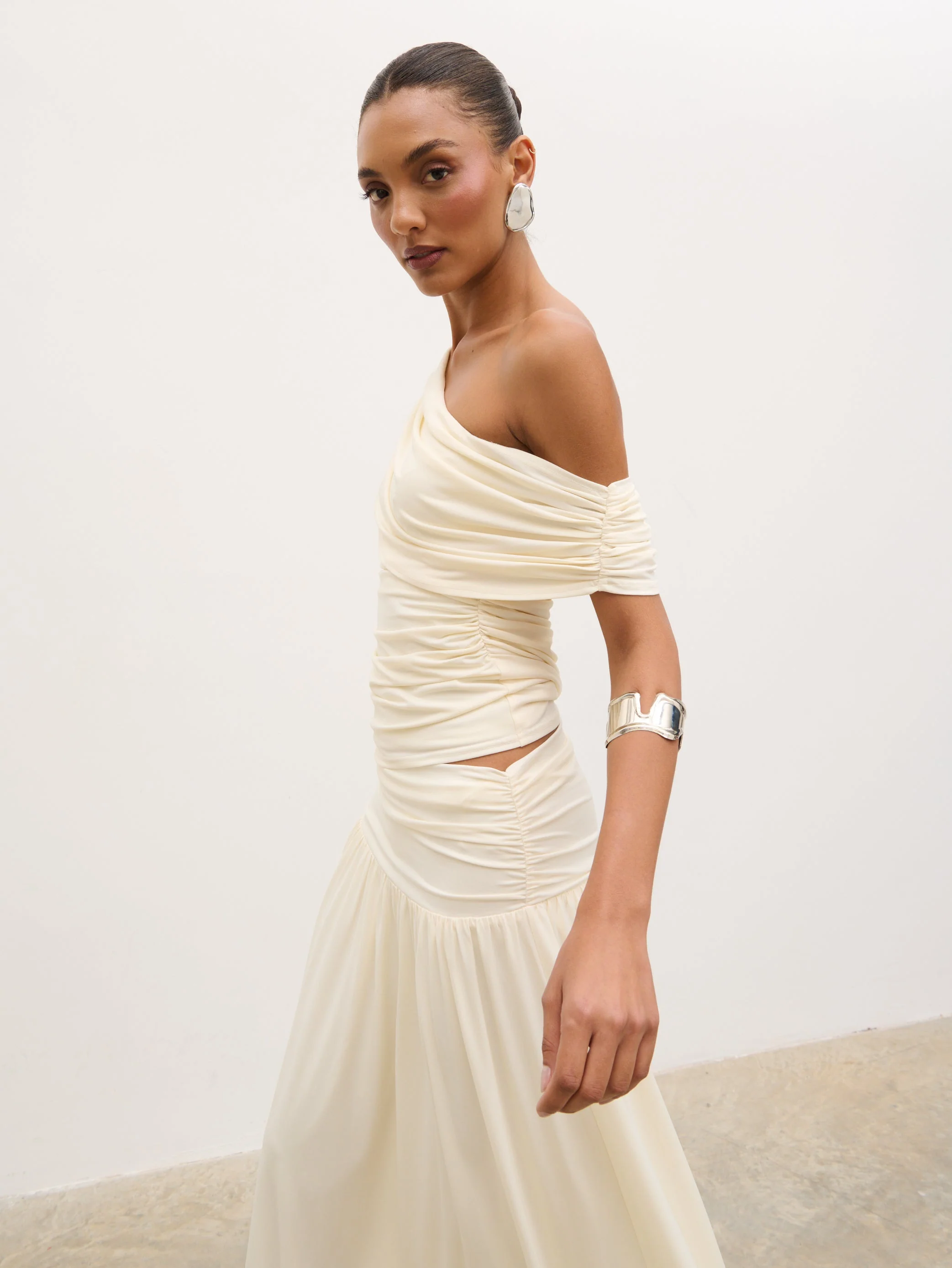 Lydia Ruched Jersey Top - Cream - Image 3