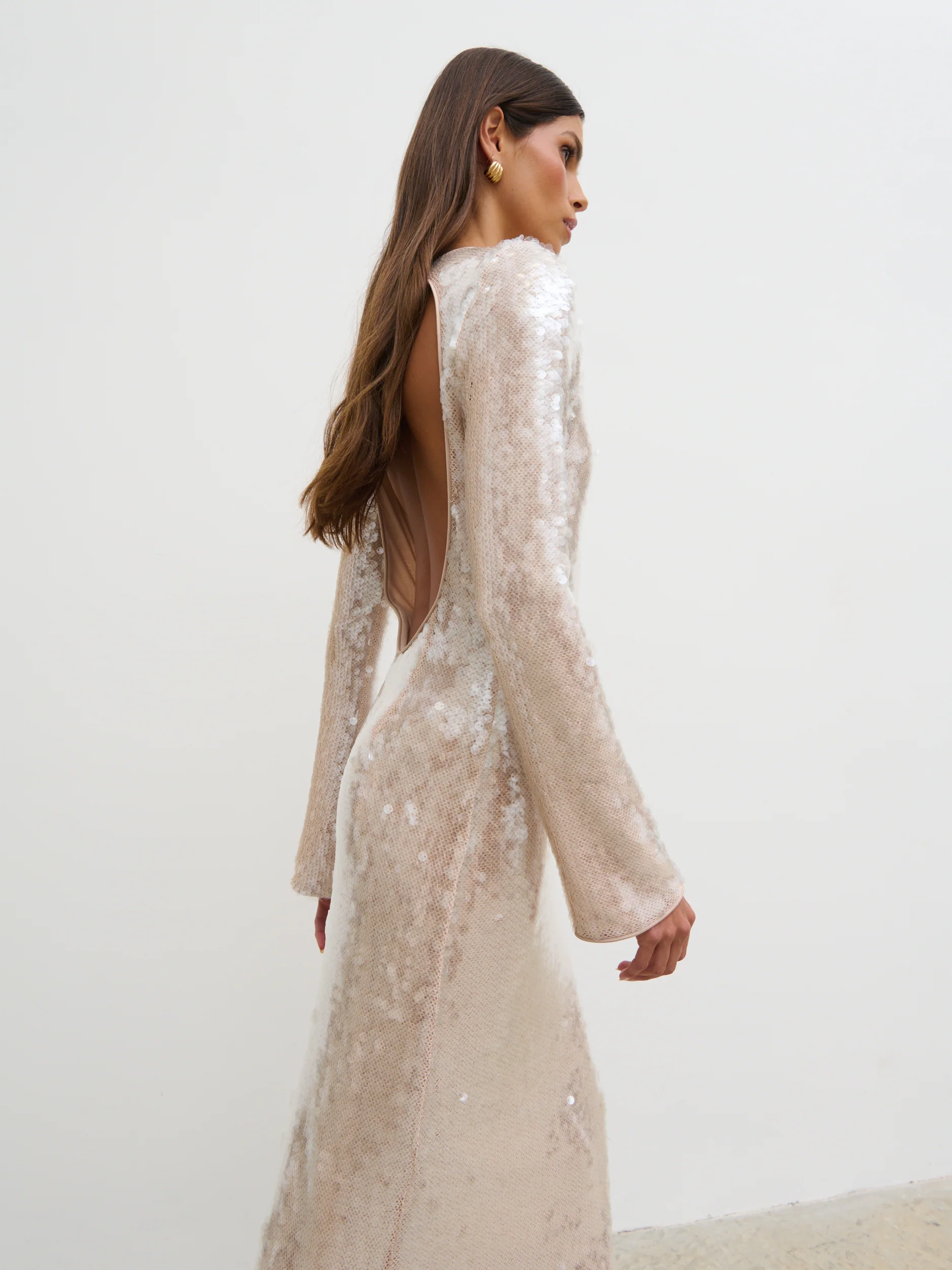 Lyra Long Sleeve Sequin Midaxi Dress - Oyster - Image 2