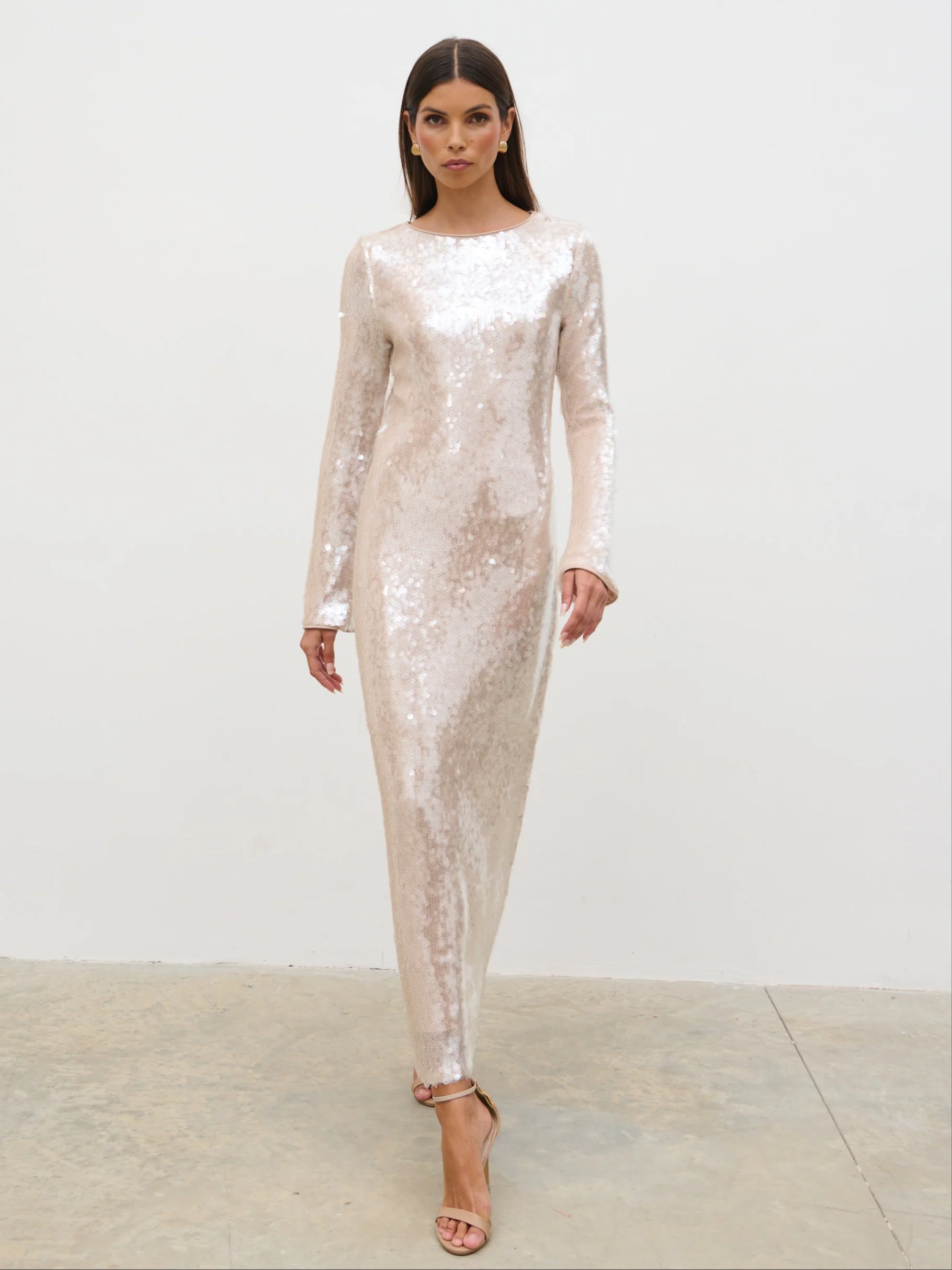 Lyra Long Sleeve Sequin Midaxi Dress - Oyster - Image 3