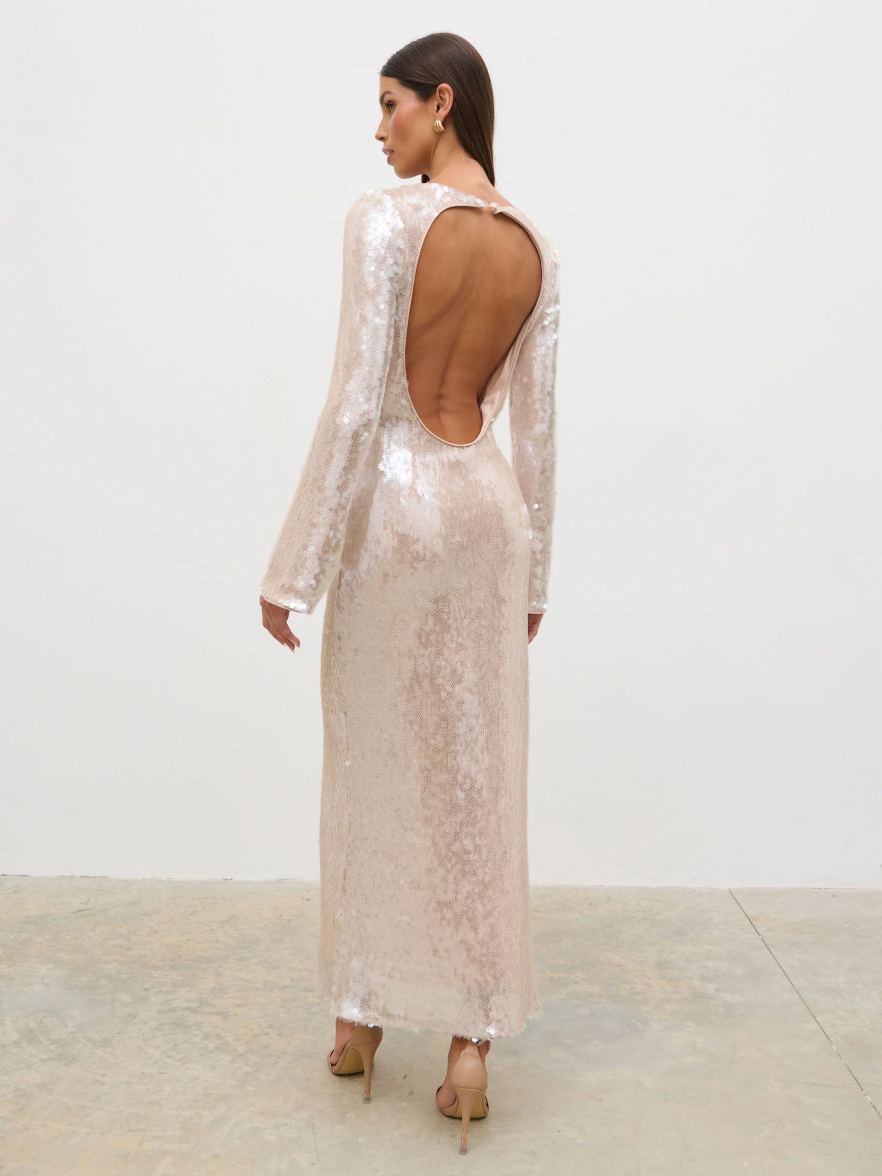 Lyra Long Sleeve Sequin Midaxi Dress - Oyster - Image 4
