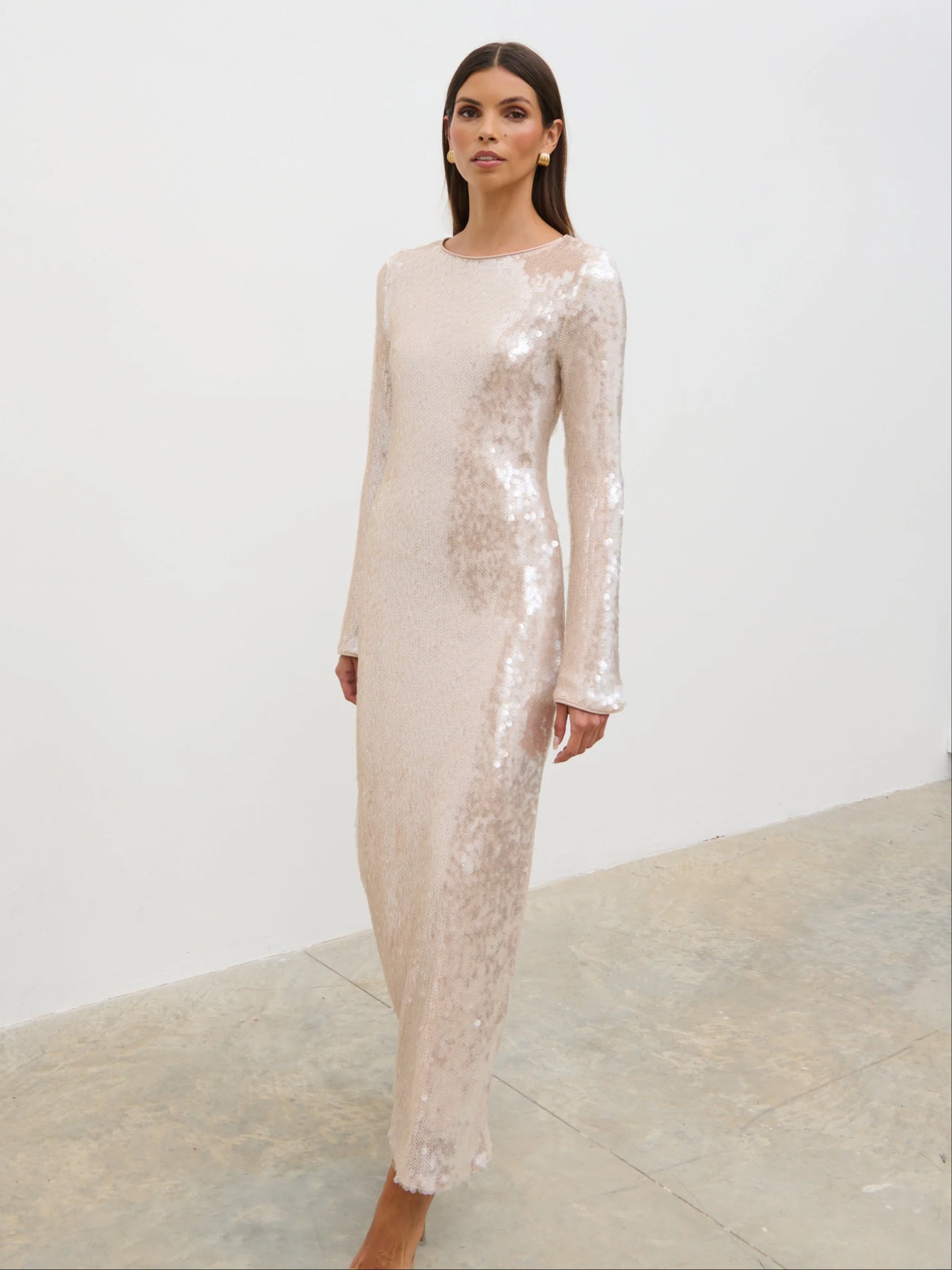 Lyra Long Sleeve Sequin Midaxi Dress - Oyster - Image 6