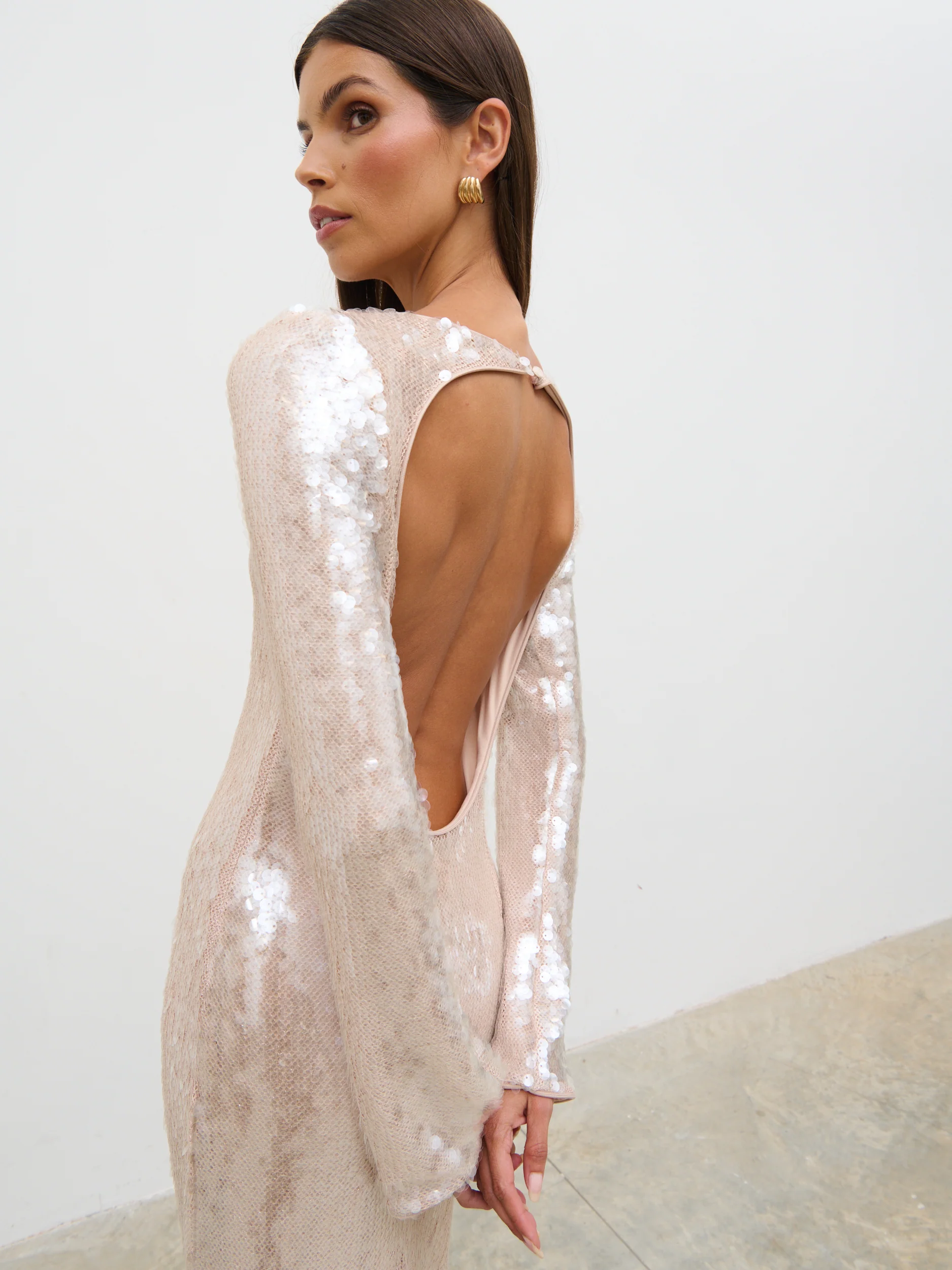Lyra Long Sleeve Sequin Midaxi Dress - Oyster - Image 7
