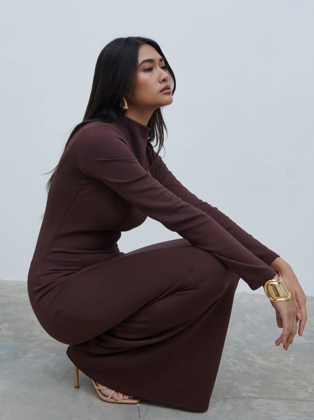 Mabel High Neck Jersey Maxi Dress - Brown - Image 3