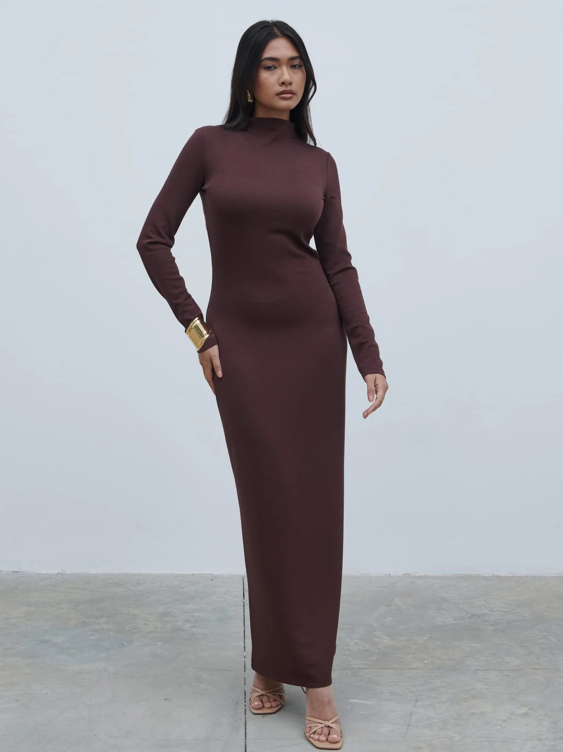 Mabel High Neck Jersey Maxi Dress - Brown - Image 4