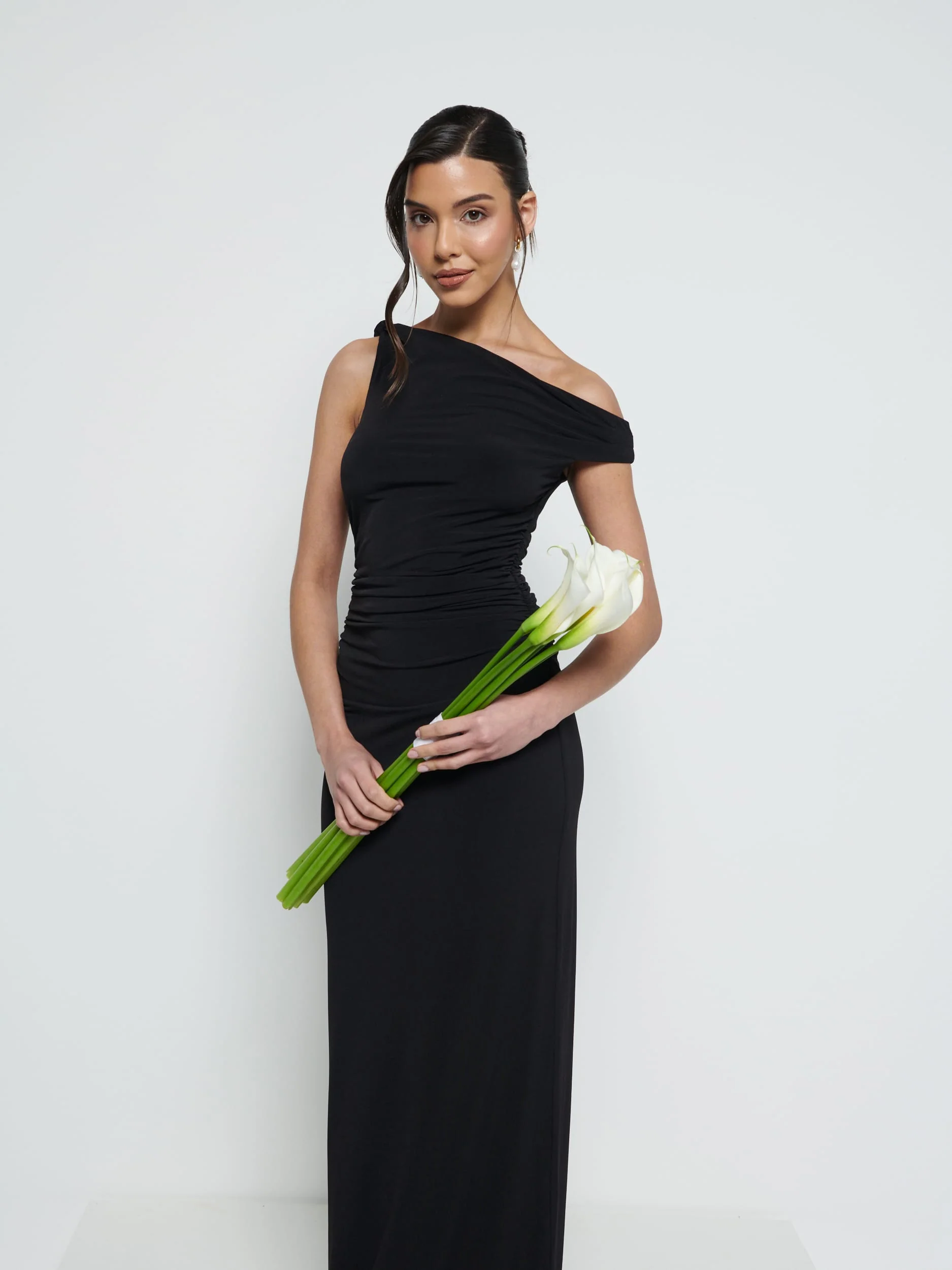 Mackenzie One Shoulder Jersey Bridesmaid Dress - Black - Image 3
