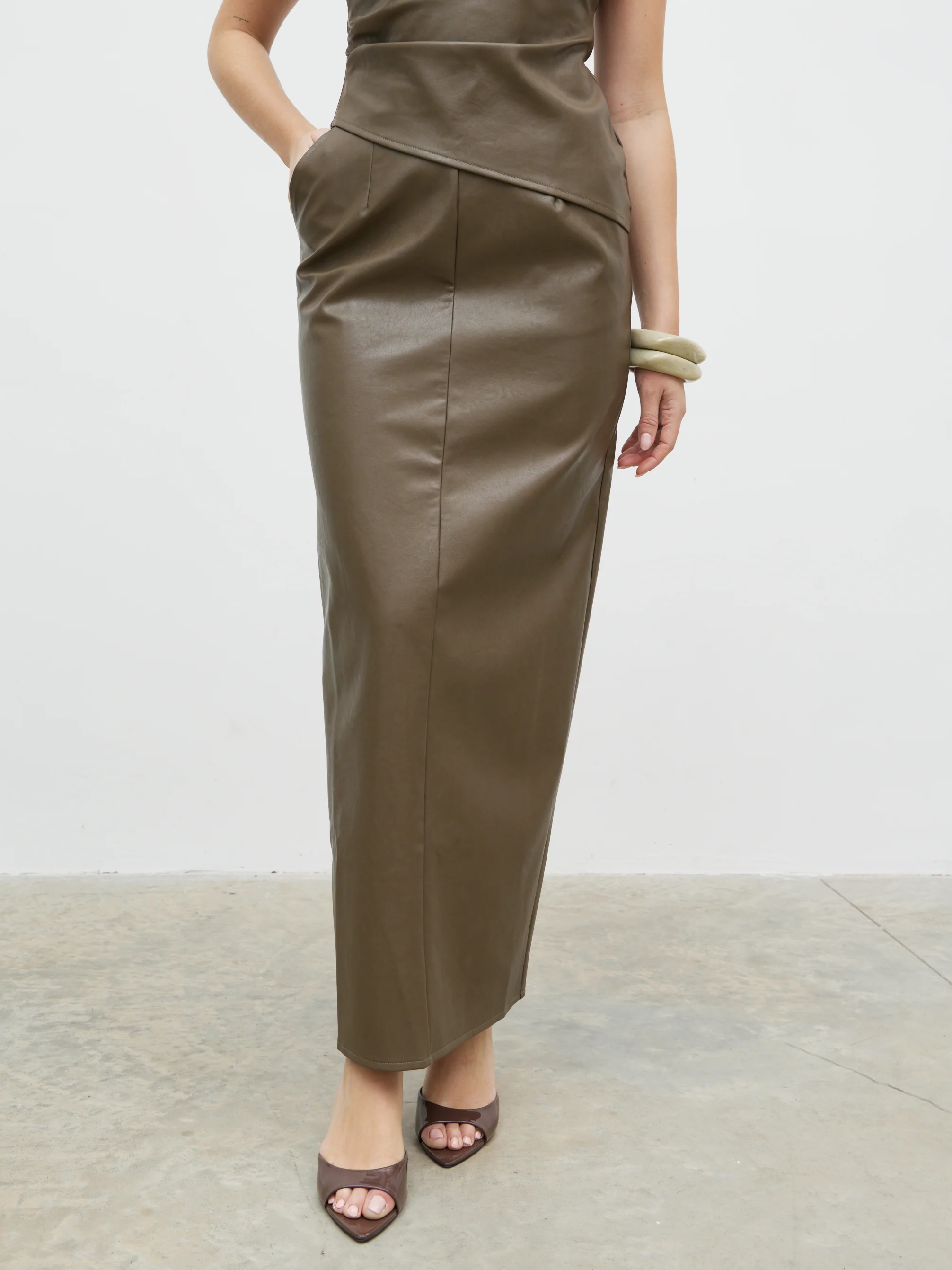 Maeve Faux Leather Maxi Skirt - Khaki - Image 2