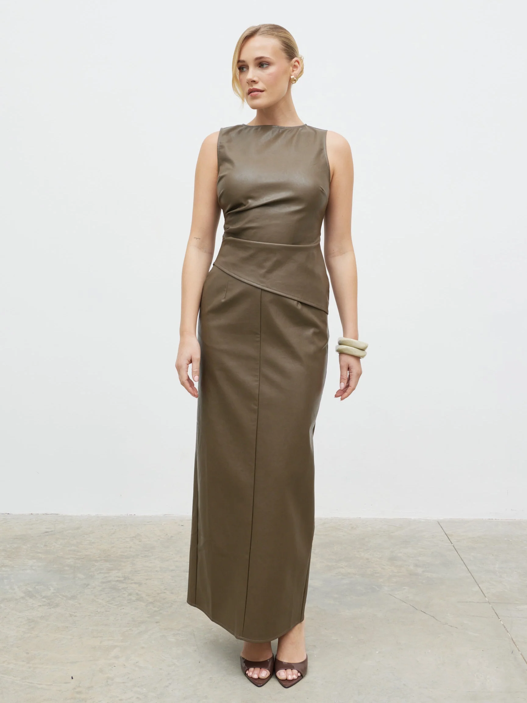 Maeve Faux Leather Maxi Skirt - Khaki - Image 4