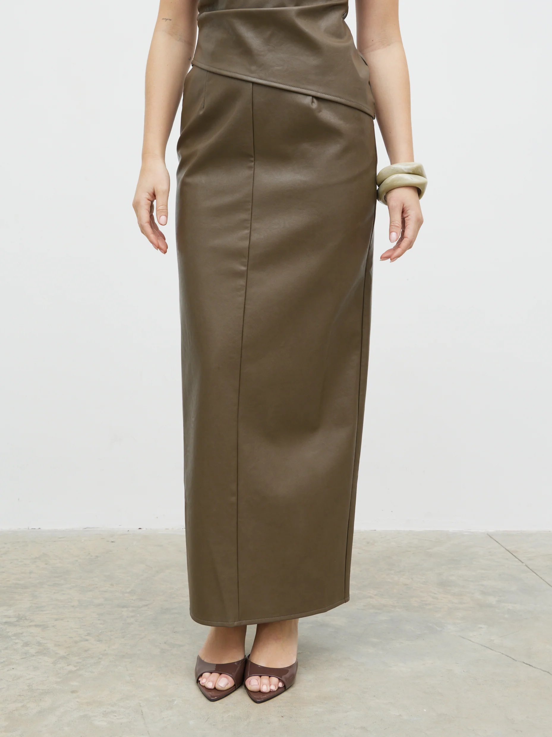 Maeve Faux Leather Maxi Skirt - Khaki - Image 5