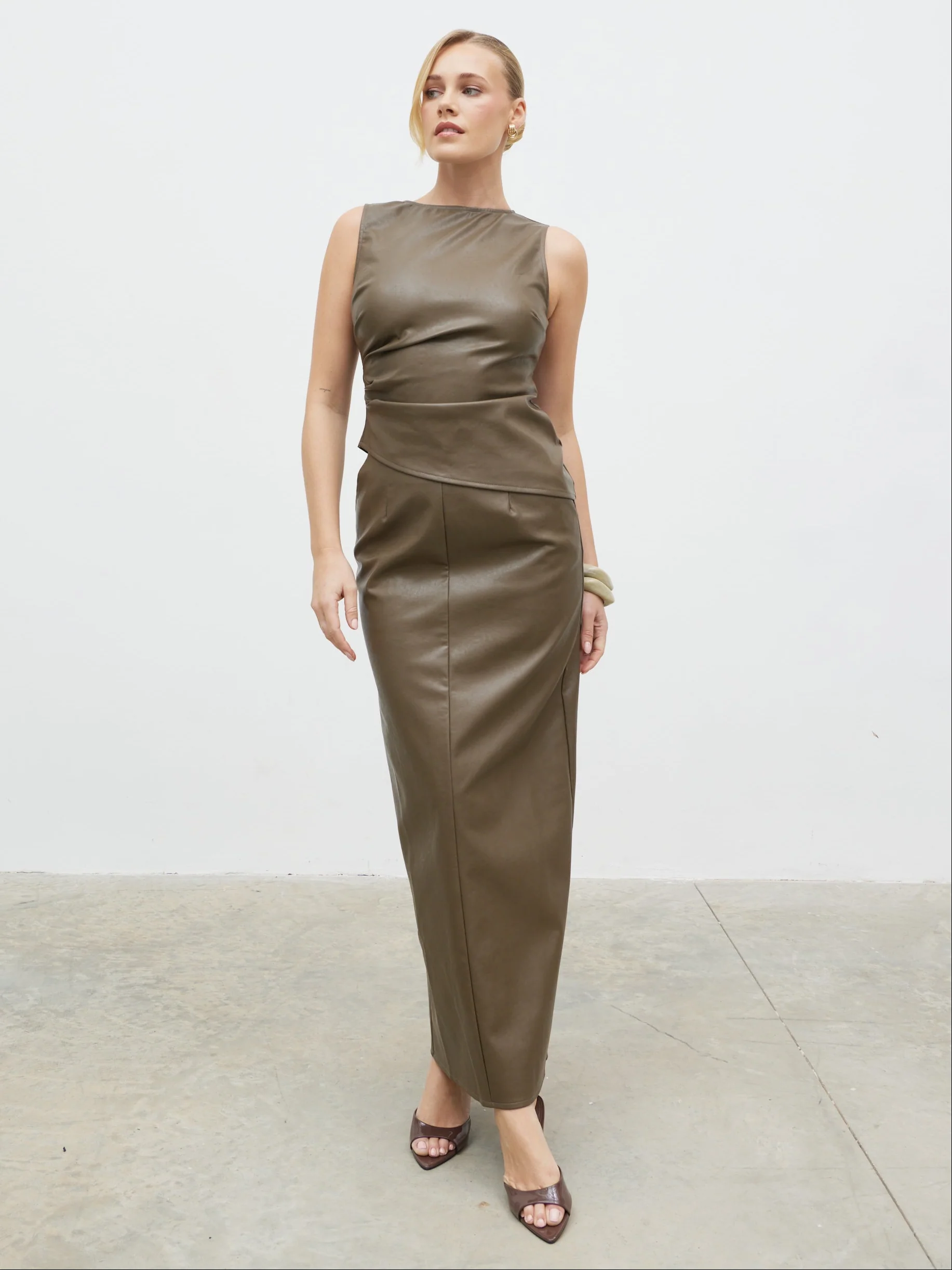 Maeve High Neck Faux Leather Top - Khaki - Image 2