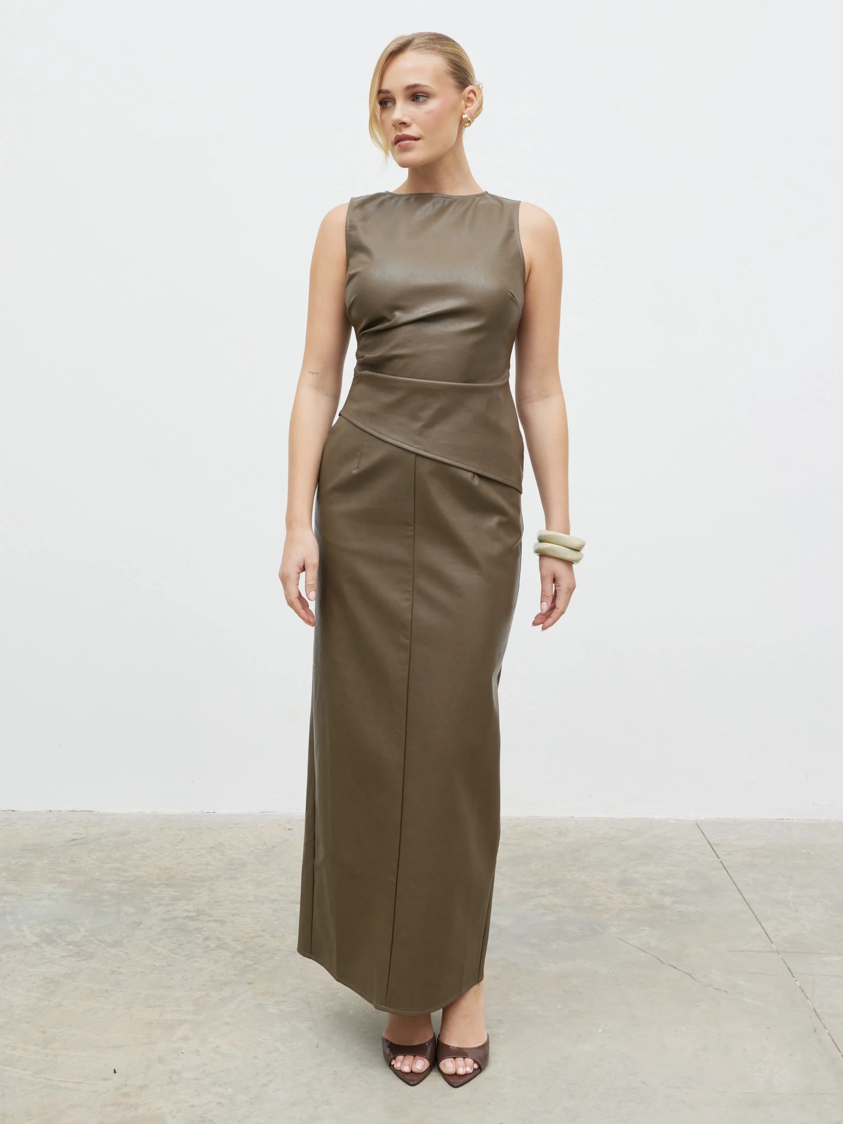 Maeve High Neck Faux Leather Top - Khaki - Image 3