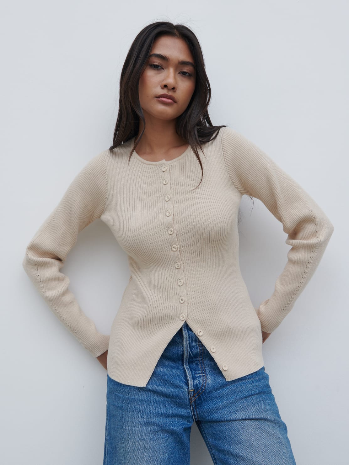 Maple Fitted Knit Cardigan - Light Beige - Image 3
