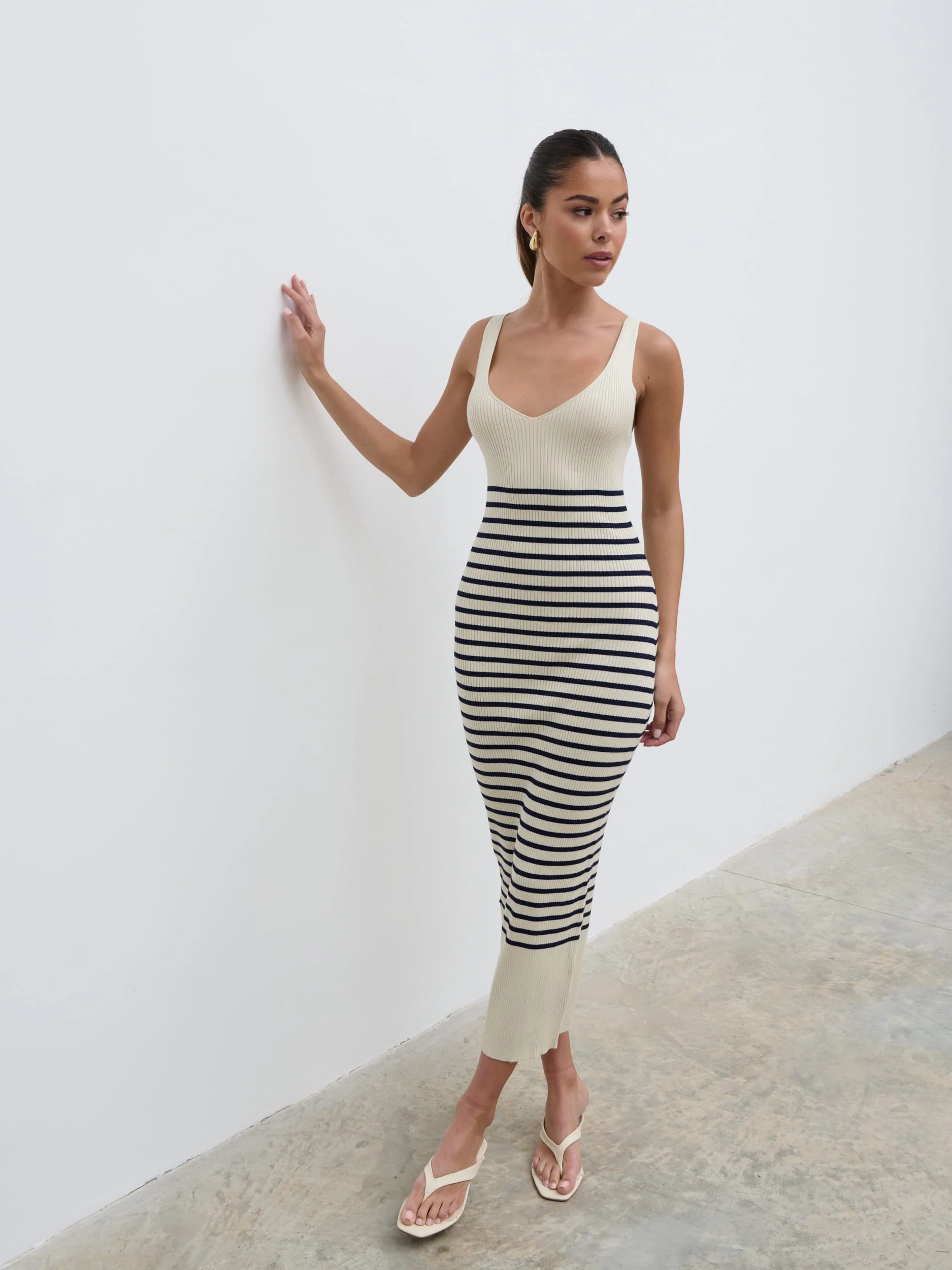 Maria Stripe Knit Midaxi Dress - Cream and Navy - Image 3
