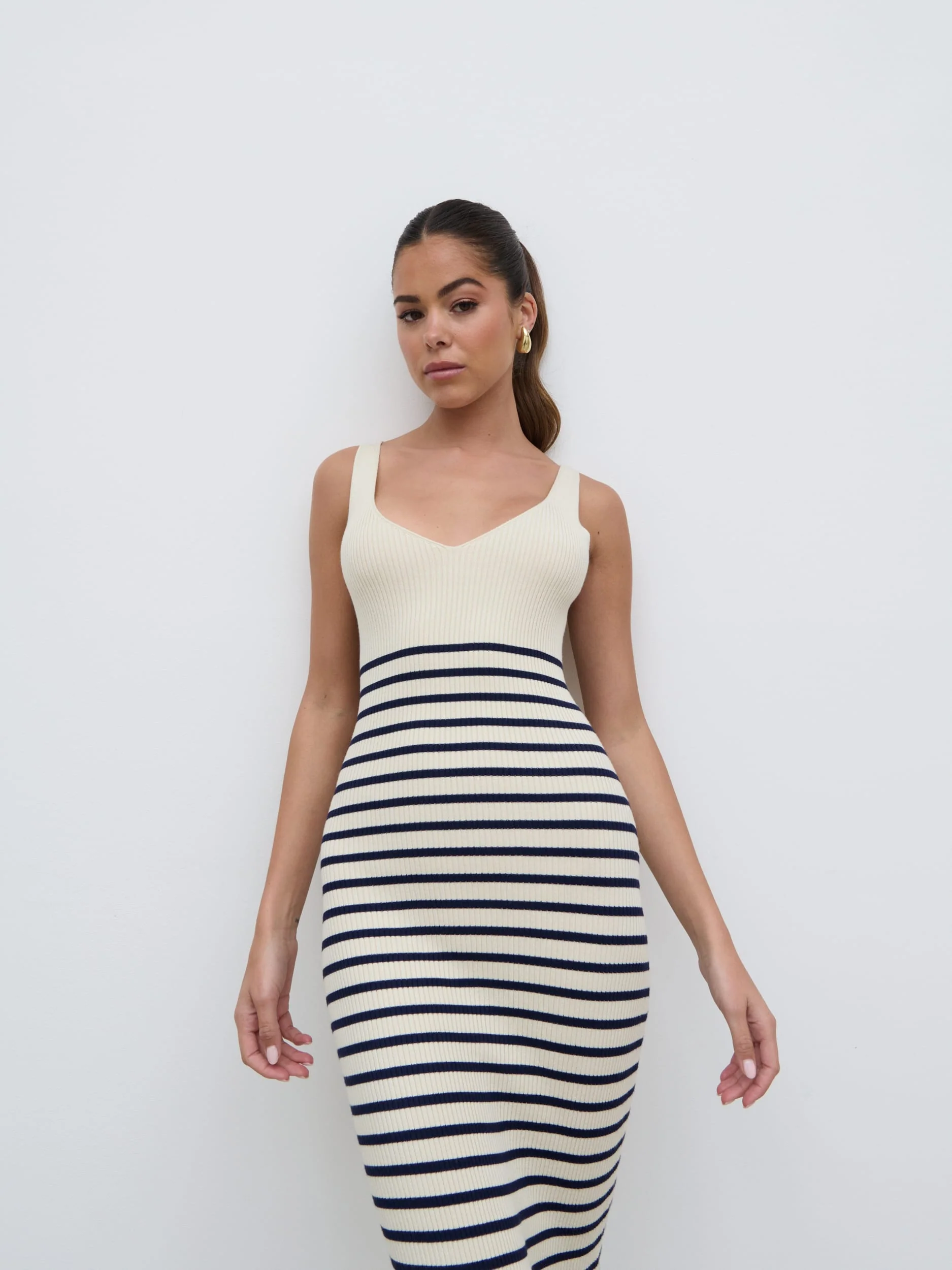 Maria Stripe Knit Midaxi Dress - Cream and Navy - Image 4