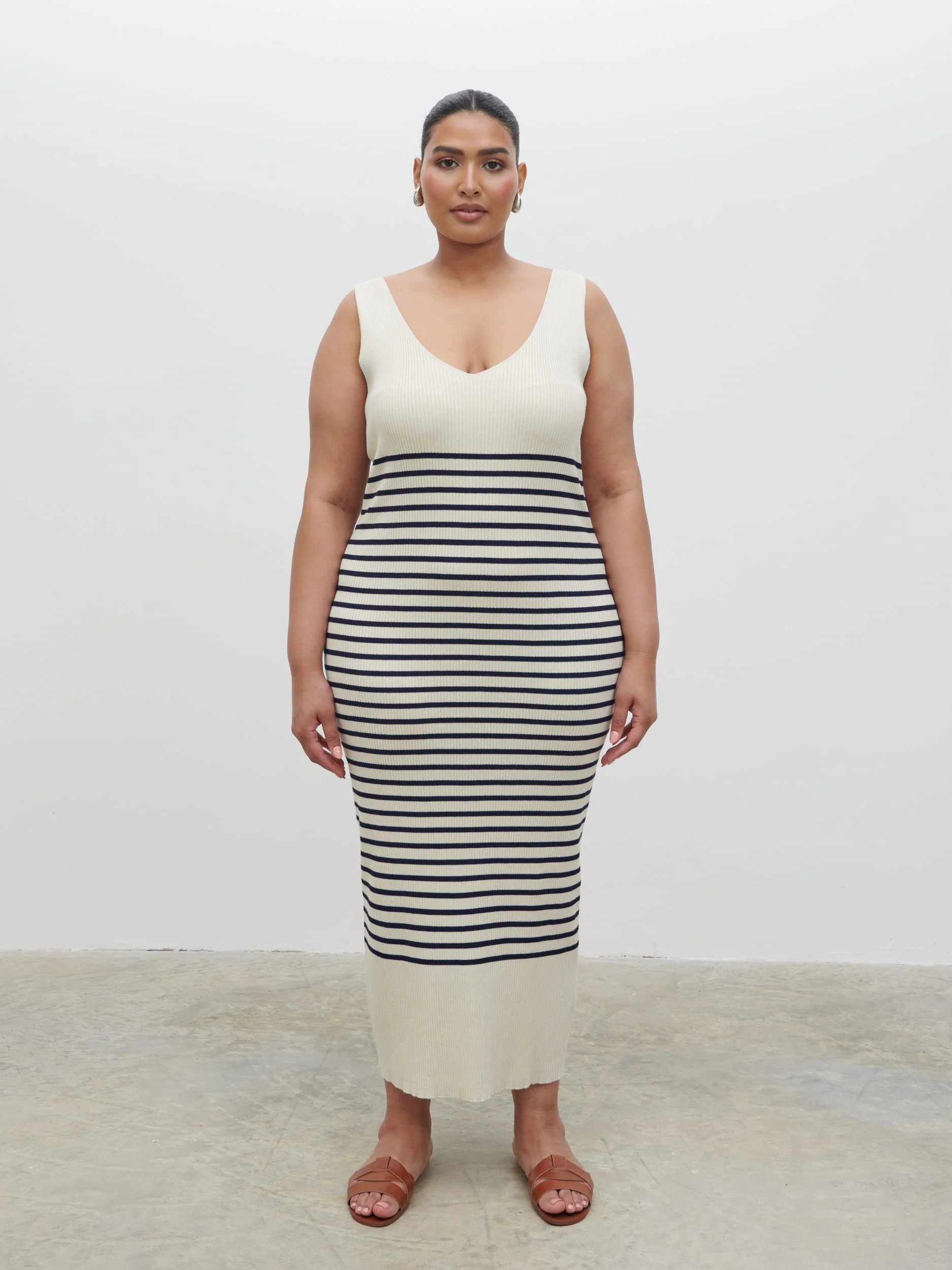 Maria Stripe Knit Midaxi Dress Curve - Cream and Navy - Image 4