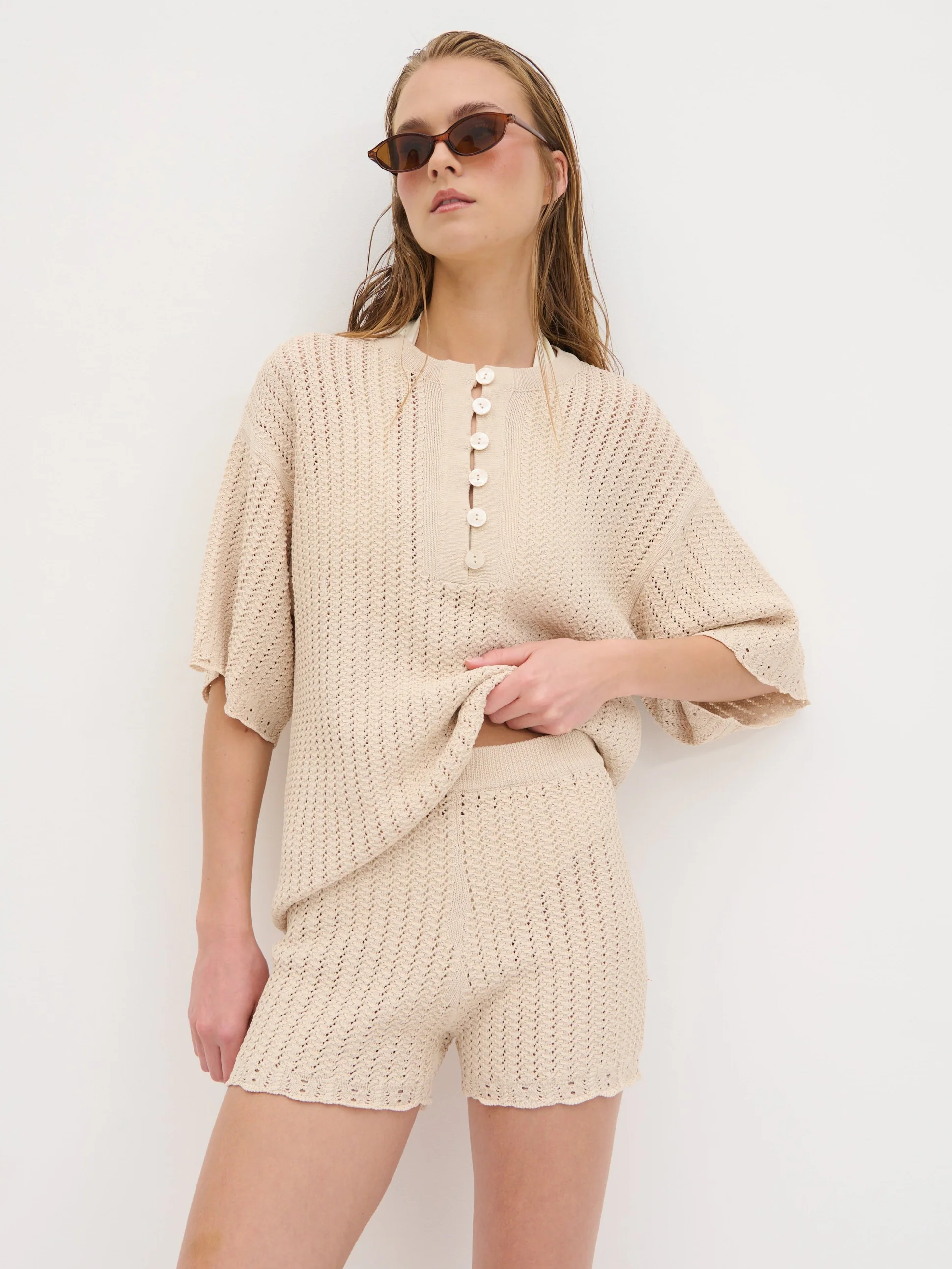 Marina Open Work Knit Shorts - Cream - Image 3