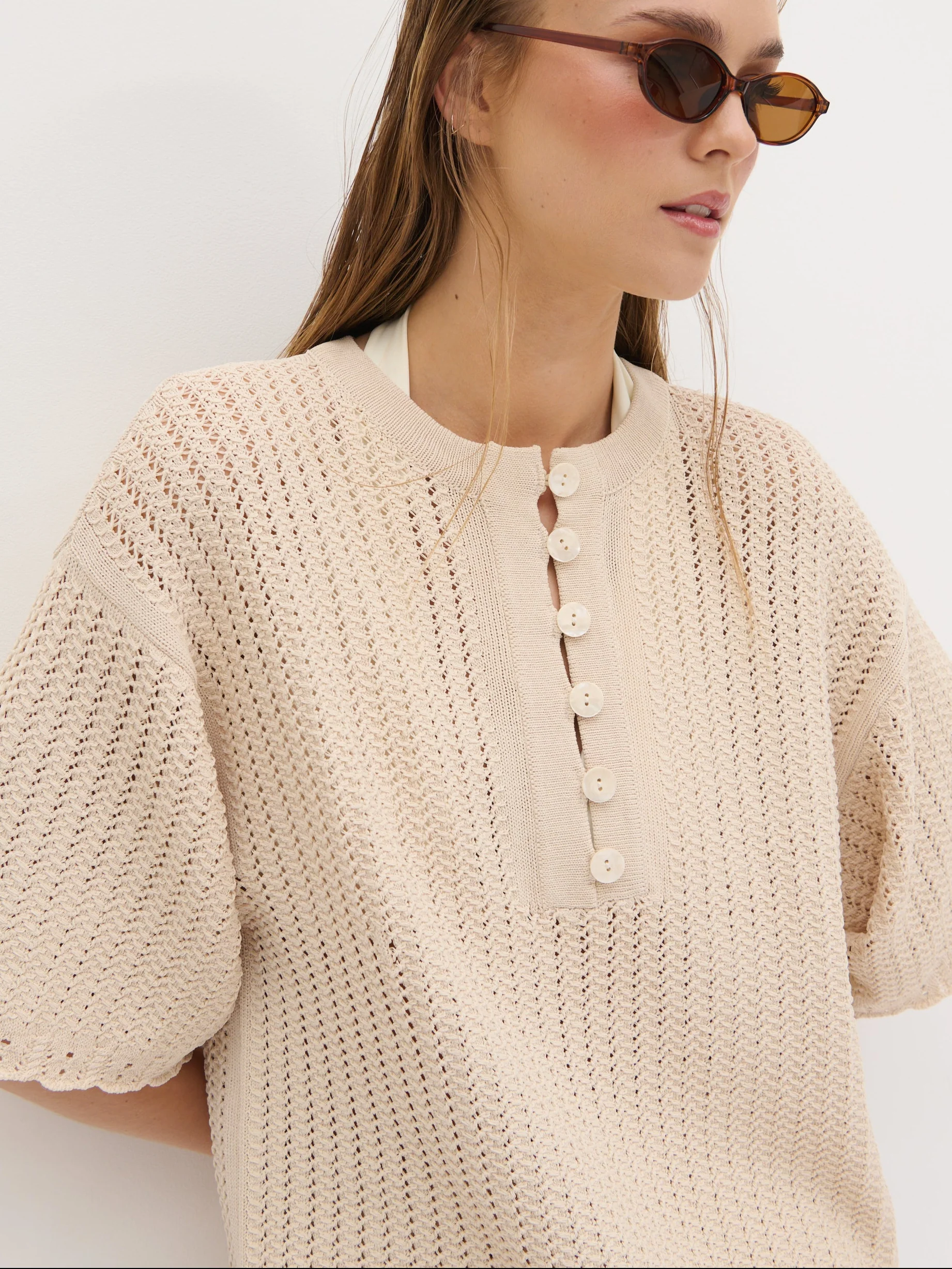 Marina Open Work Oversized Knit Top - Cream - Image 3