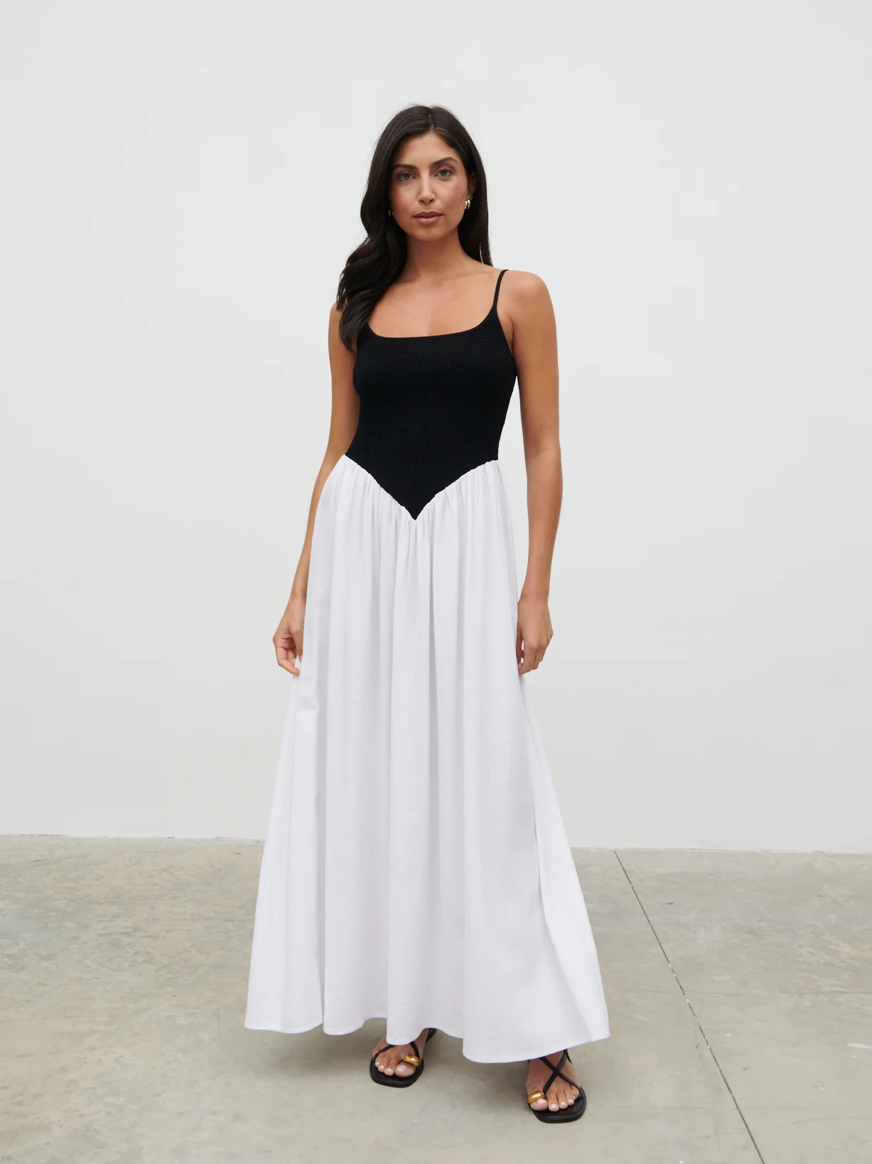 Maude Shirred Contrast Maxi Dress - Black and Cream - Image 4