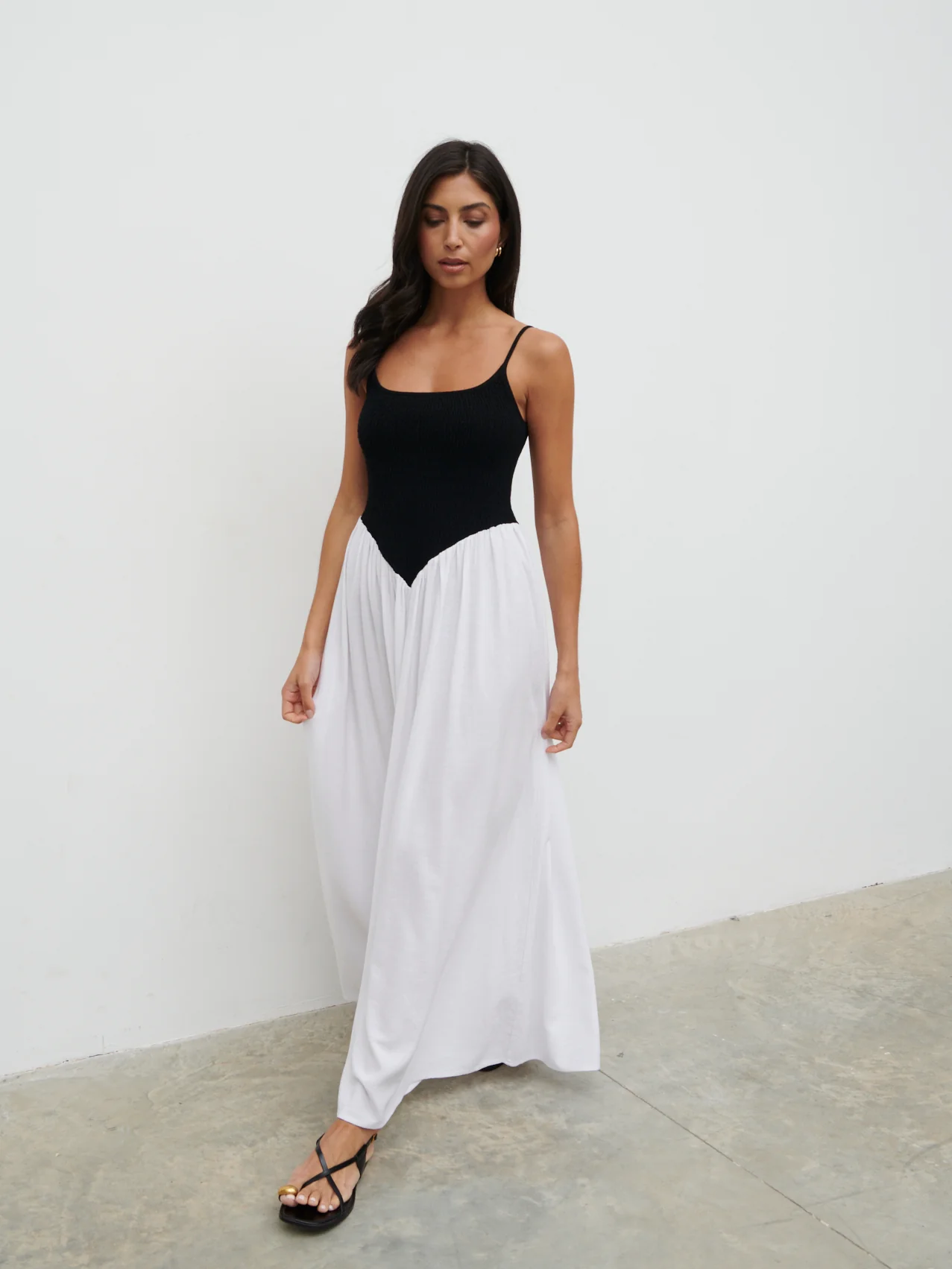 Maude Shirred Contrast Maxi Dress - Black and Cream - Image 6