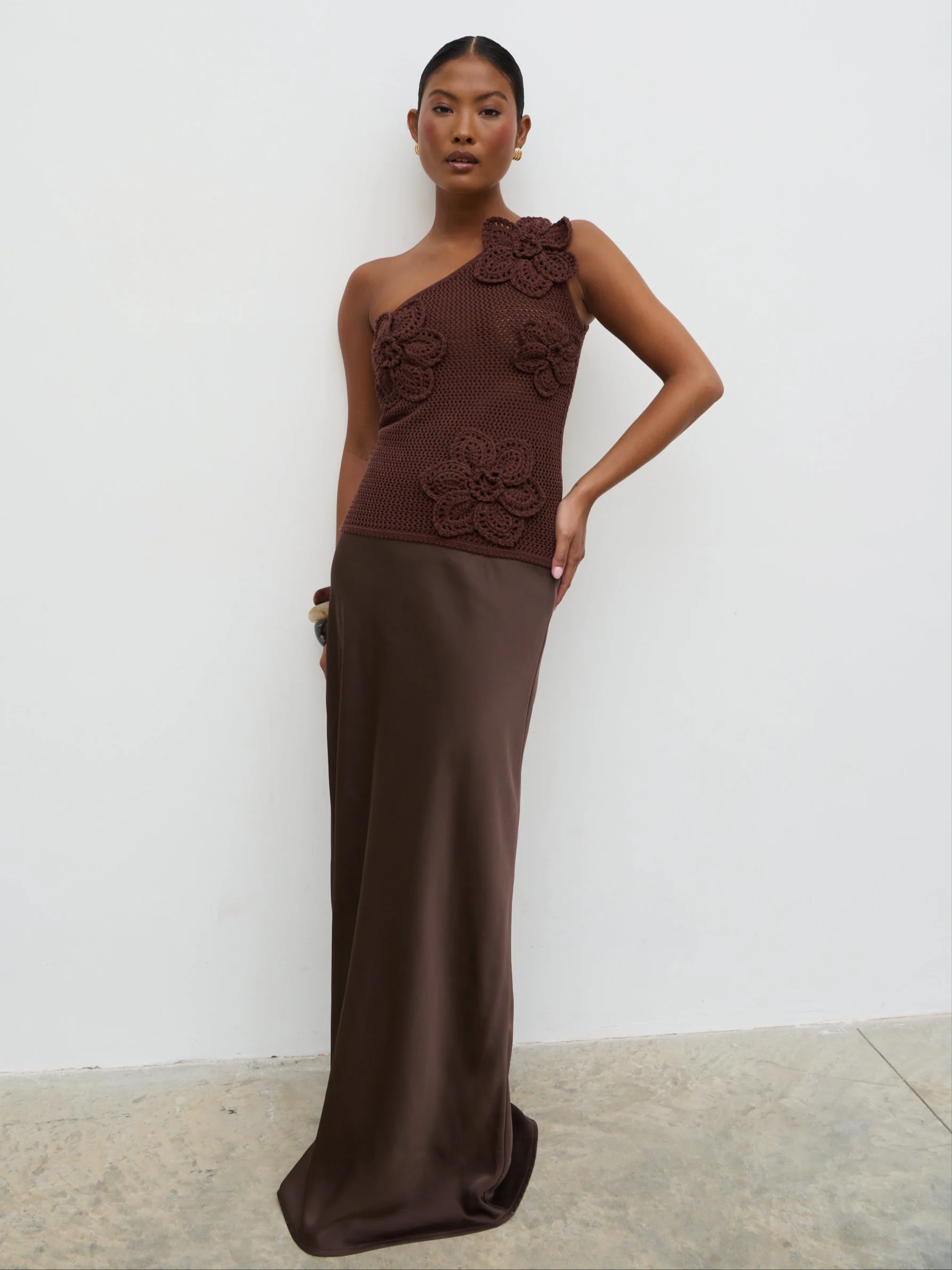 Megan Crochet Flower Knit Top - Brown - Image 2