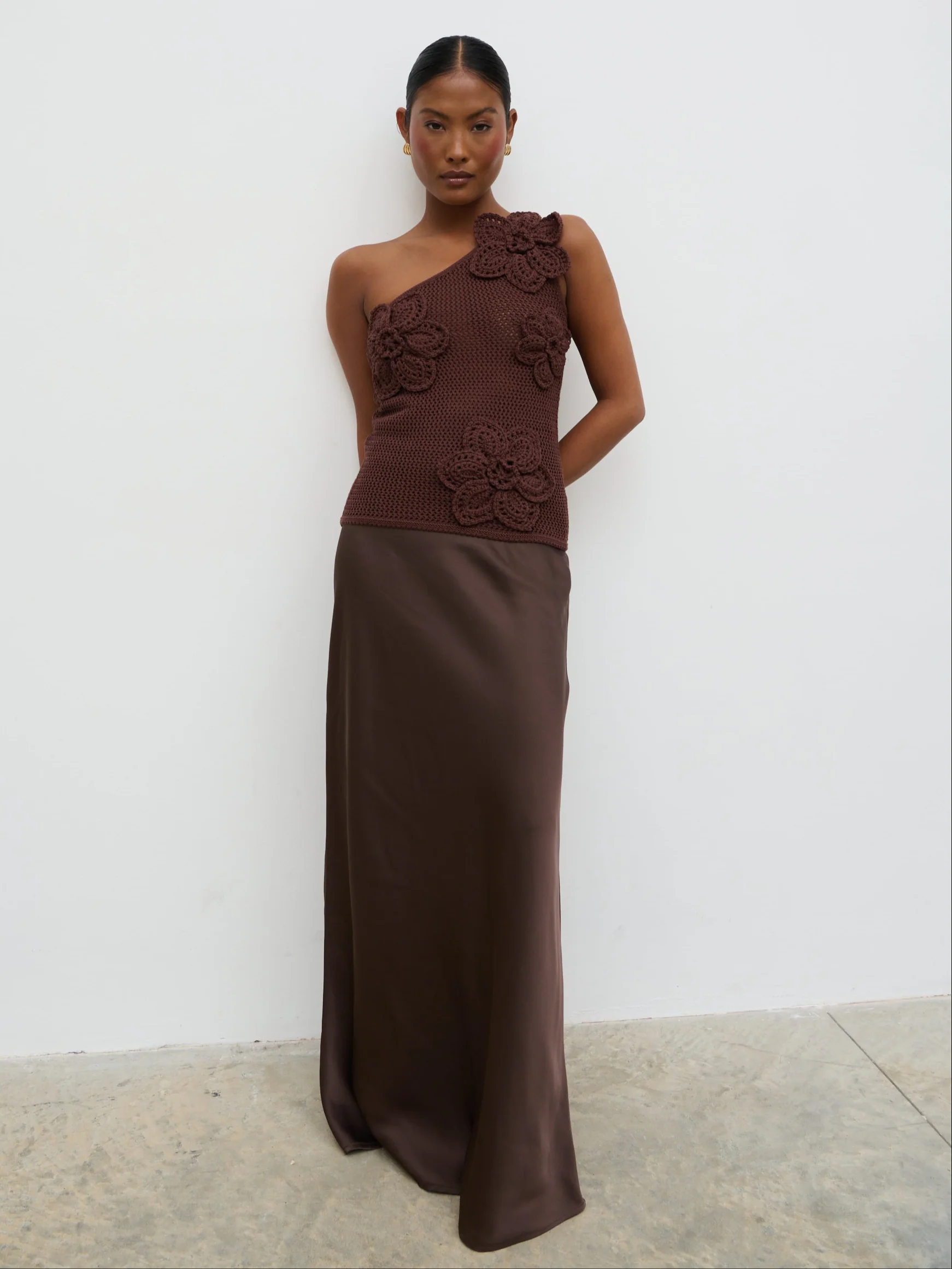 Megan Crochet Flower Knit Top - Brown - Image 4
