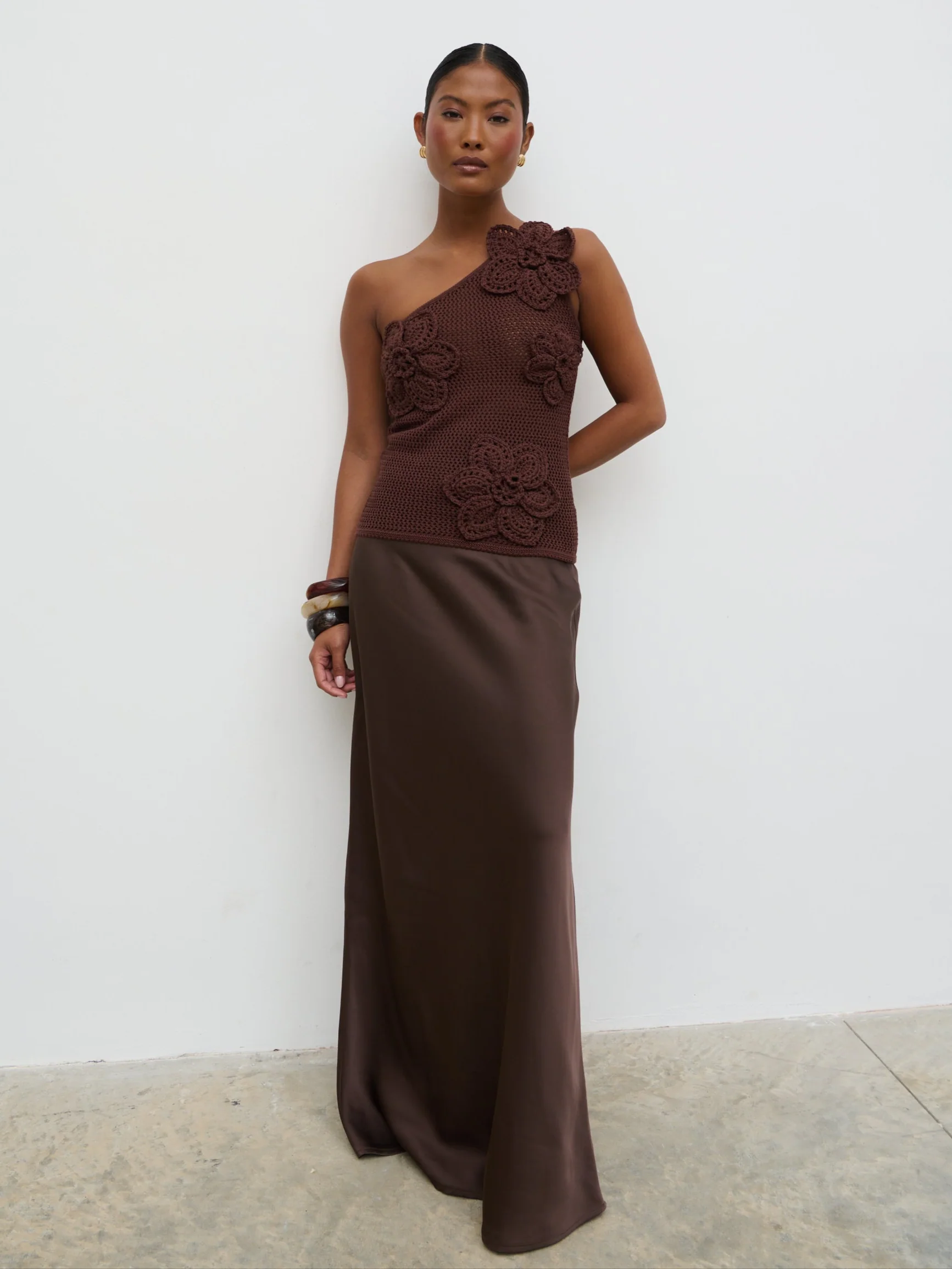 Megan Crochet Flower Knit Top - Brown - Image 6