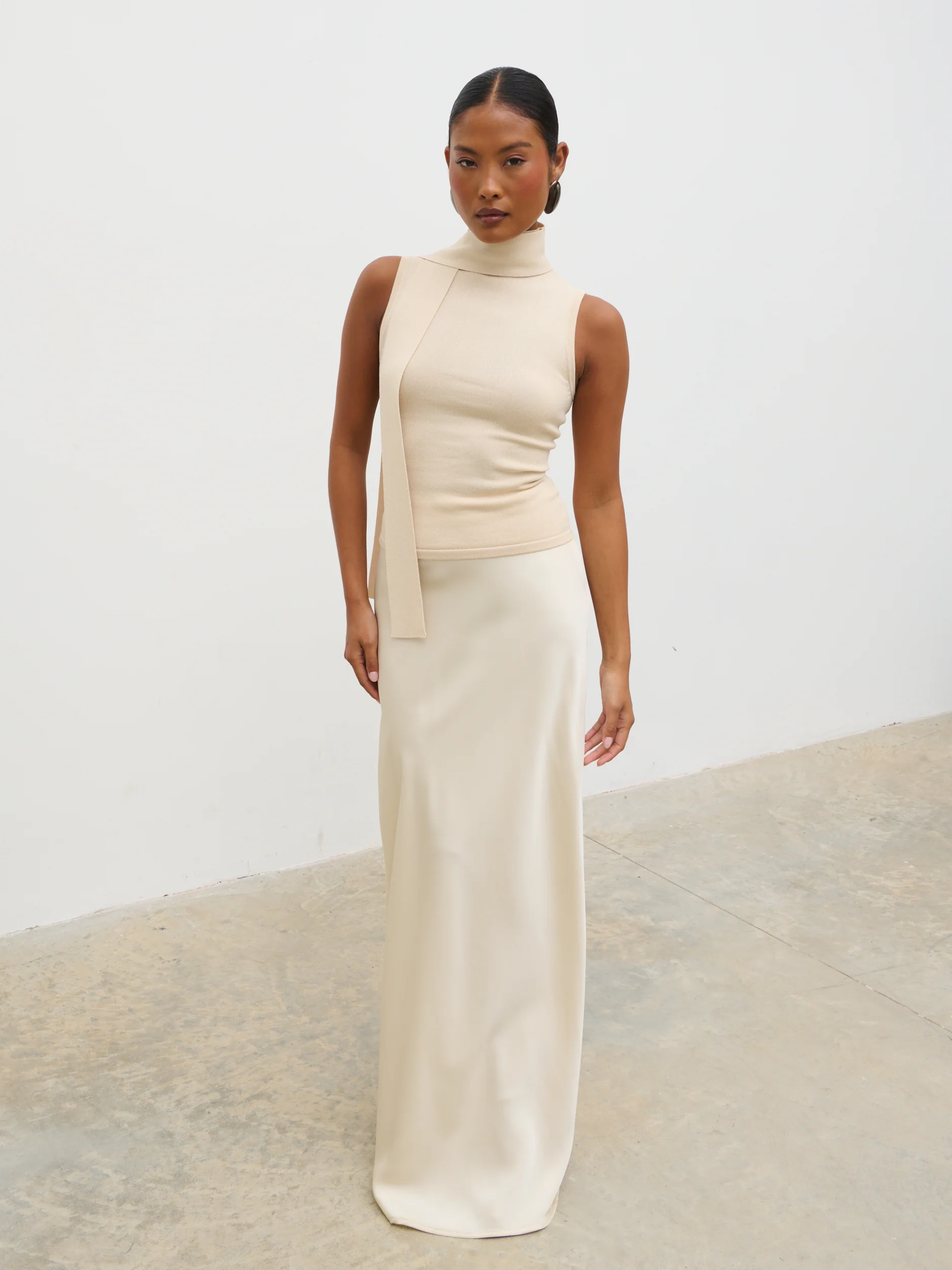 Melanie High Neck Knit Top with Neck Tie - Cream - Image 3