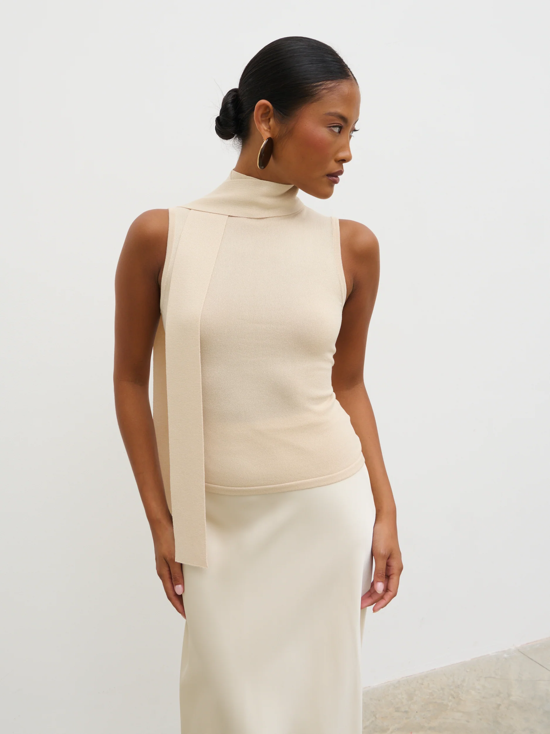 Melanie High Neck Knit Top with Neck Tie - Cream - Image 4