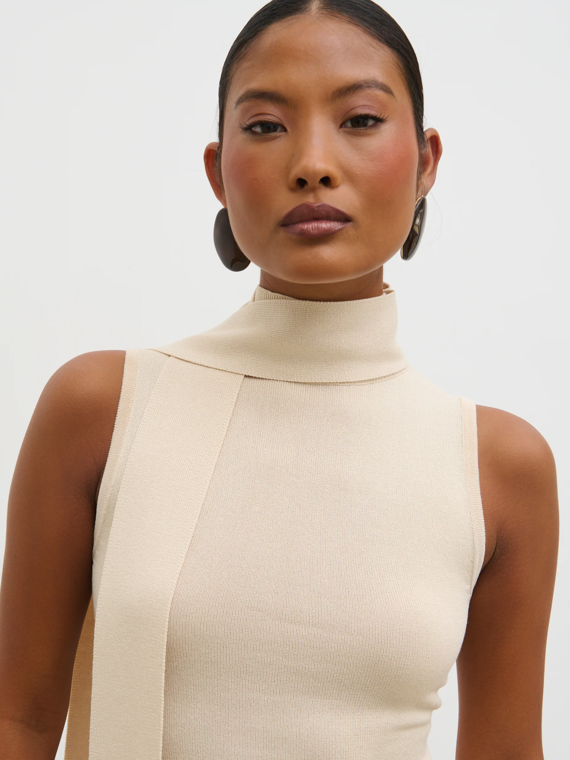 Melanie High Neck Knit Top with Neck Tie - Cream - Image 5