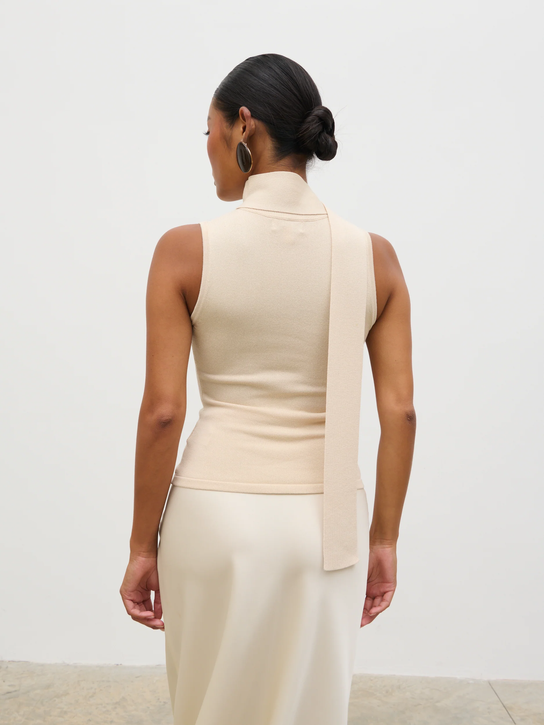 Melanie High Neck Knit Top with Neck Tie - Cream - Image 6