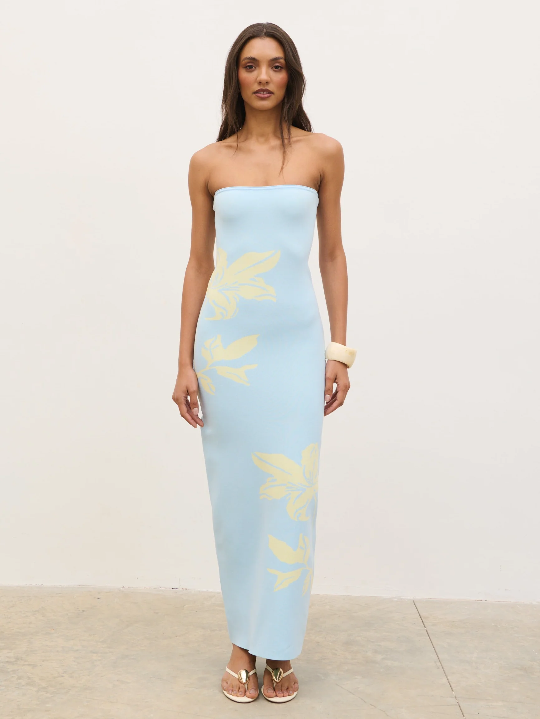 Milena Floral Bandeau Knit Maxi Dress - Blue and Lemon - Image 3