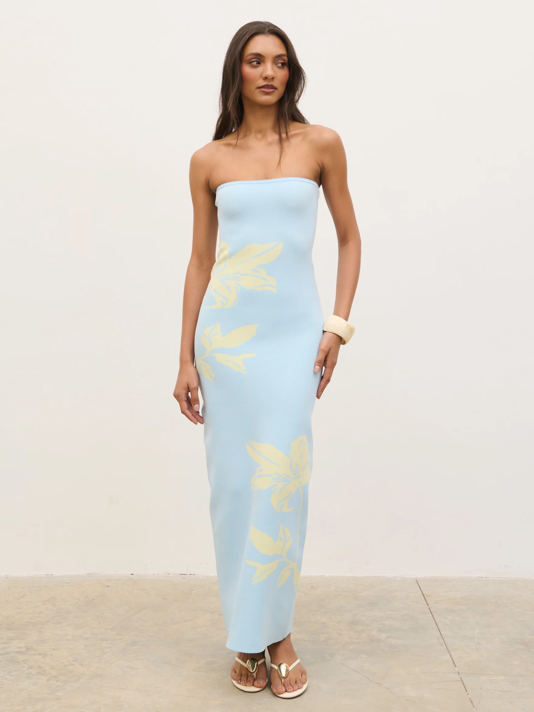 Milena Floral Bandeau Knit Maxi Dress - Blue and Lemon - Image 7
