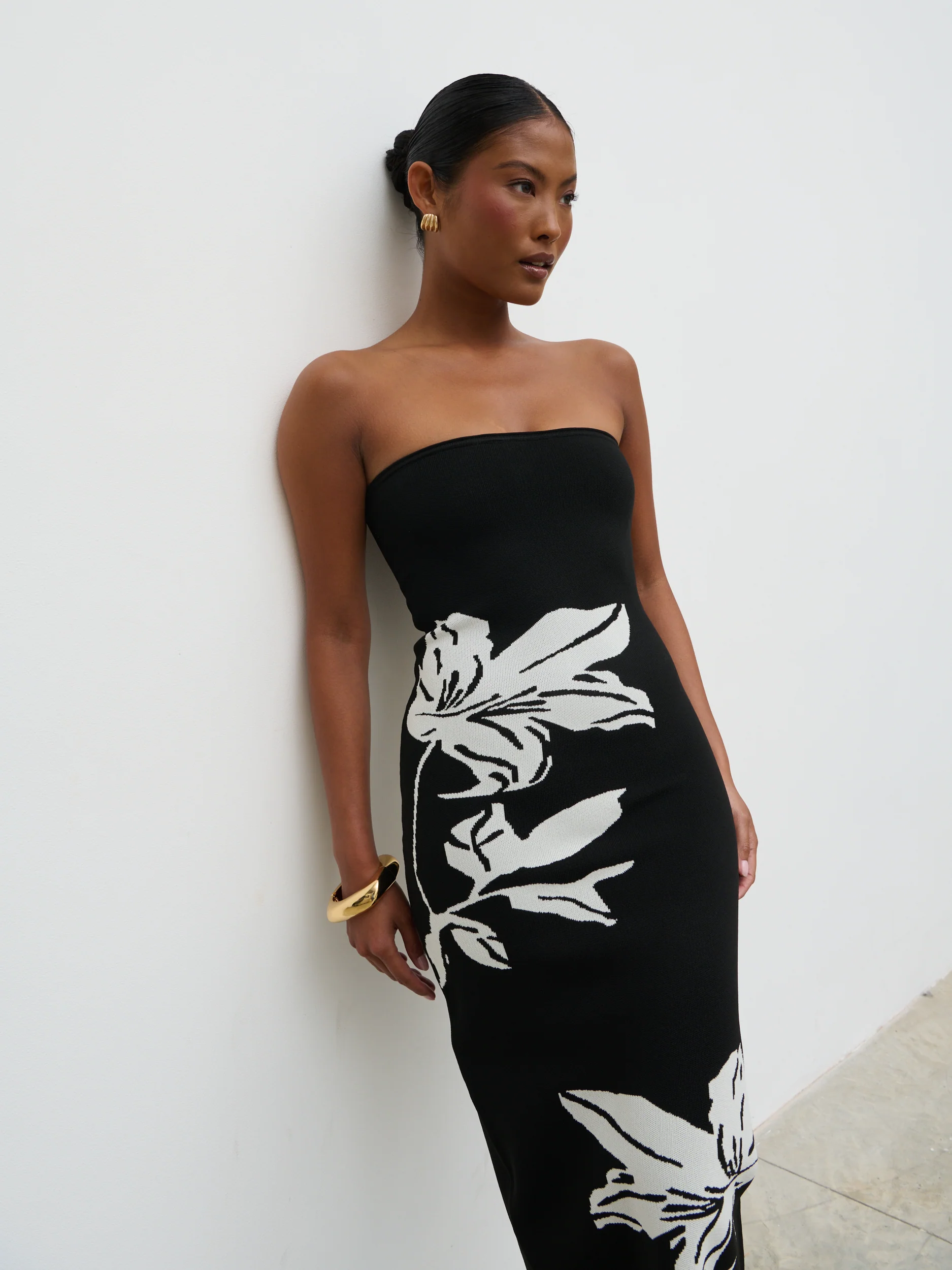 Milena Floral Bandeau Knit Midaxi Dress - Black and Cream - Image 2