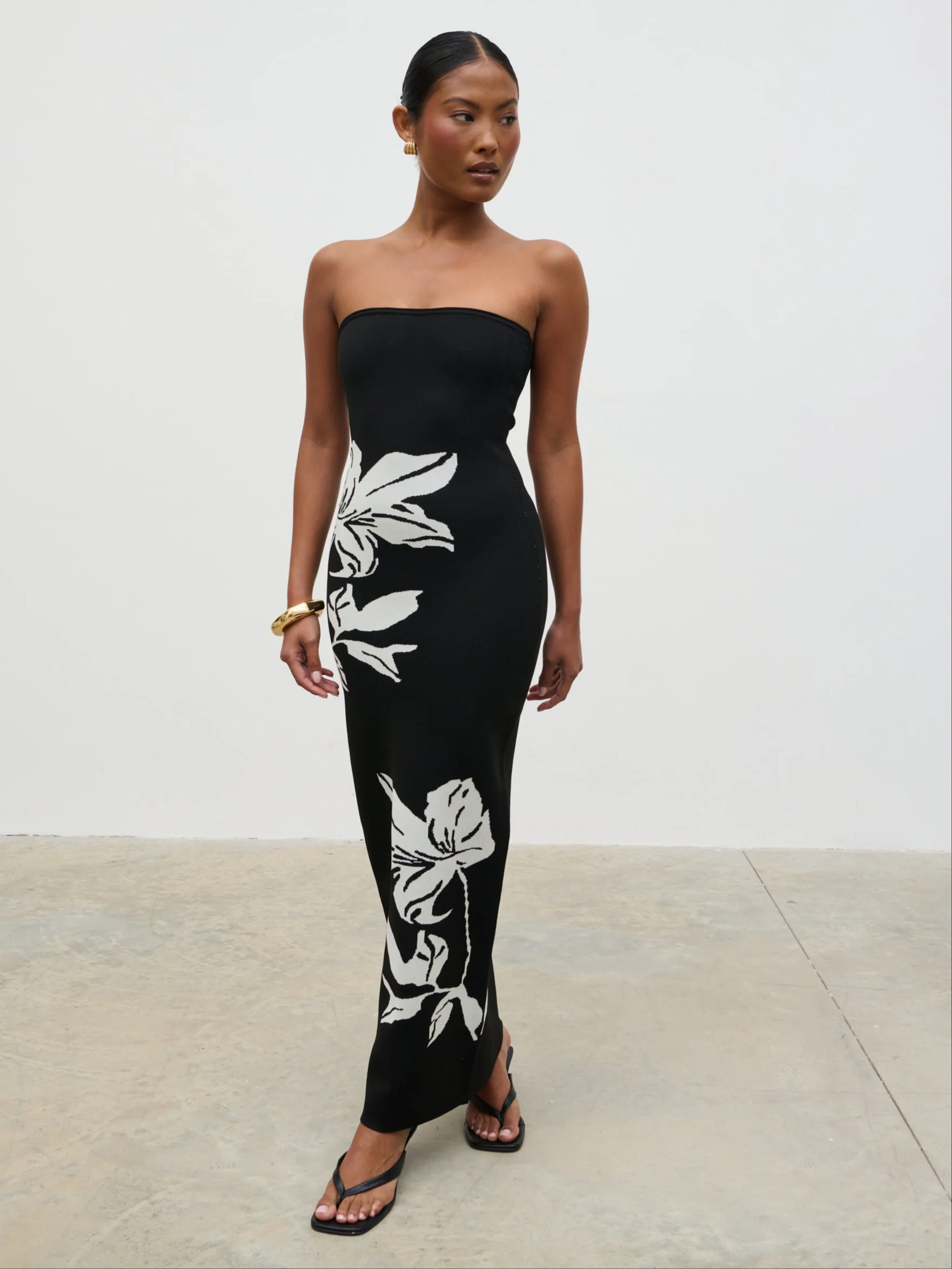Milena Floral Bandeau Knit Midaxi Dress - Black and Cream - Image 4