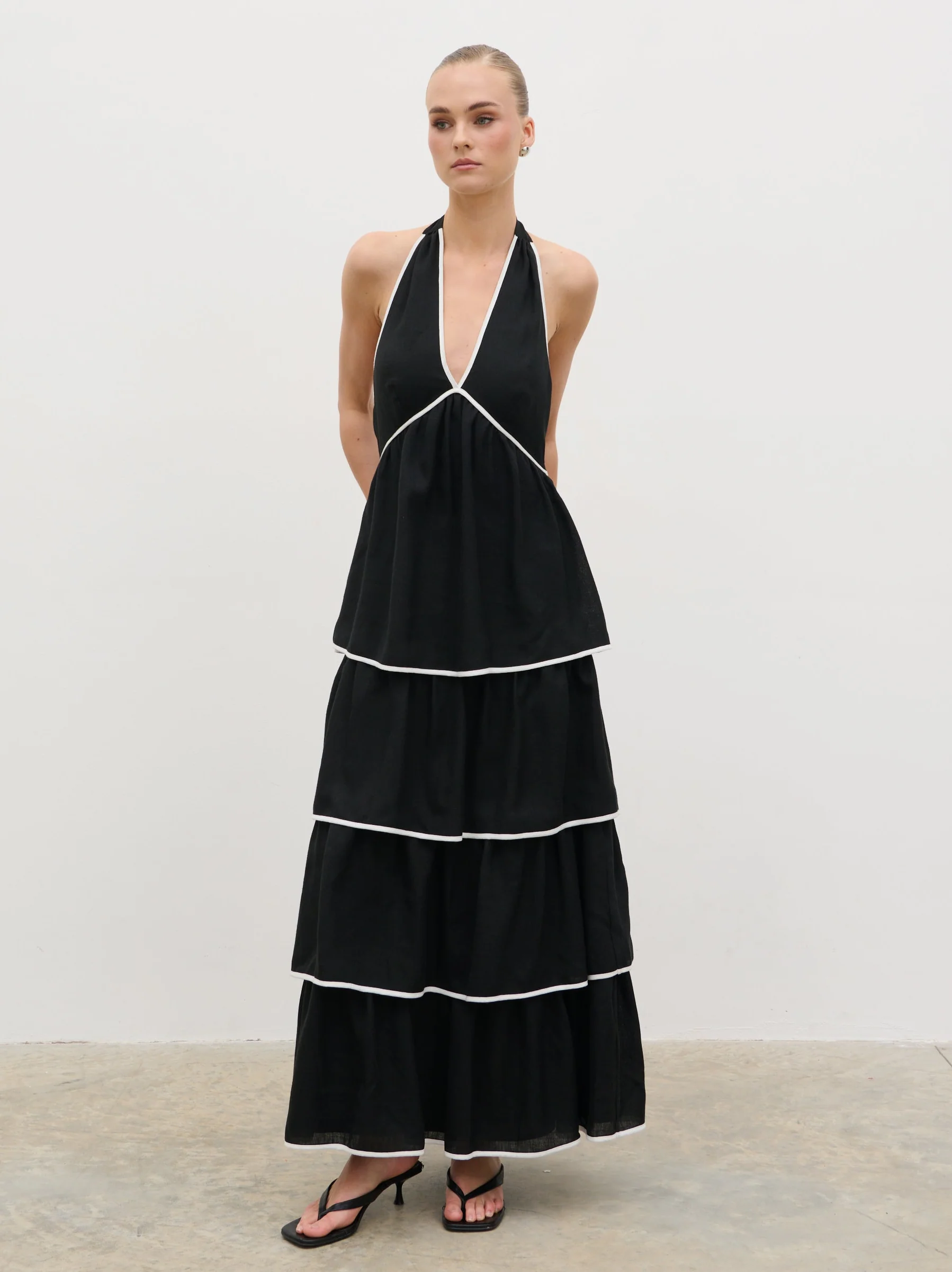 Miri Halterneck Contrast Tiered Midaxi Dress - Black and Cream - Image 2