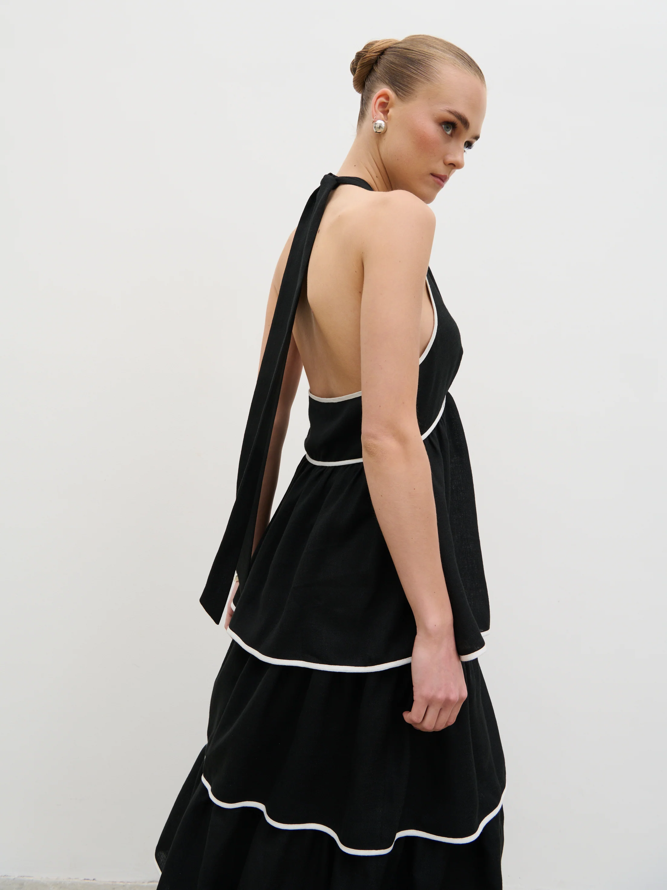 Miri Halterneck Contrast Tiered Midaxi Dress - Black and Cream - Image 3