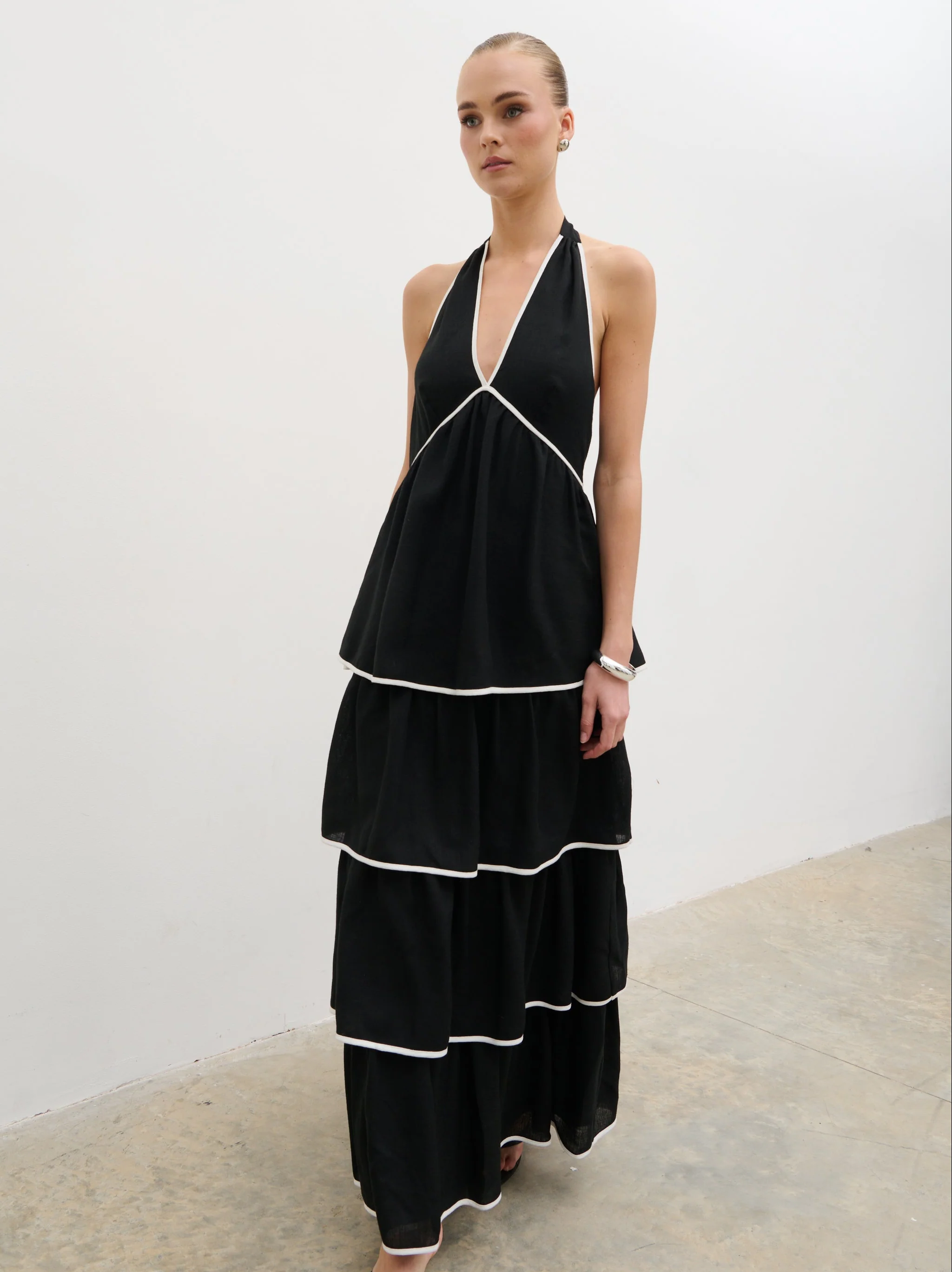Miri Halterneck Contrast Tiered Midaxi Dress - Black and Cream - Image 4