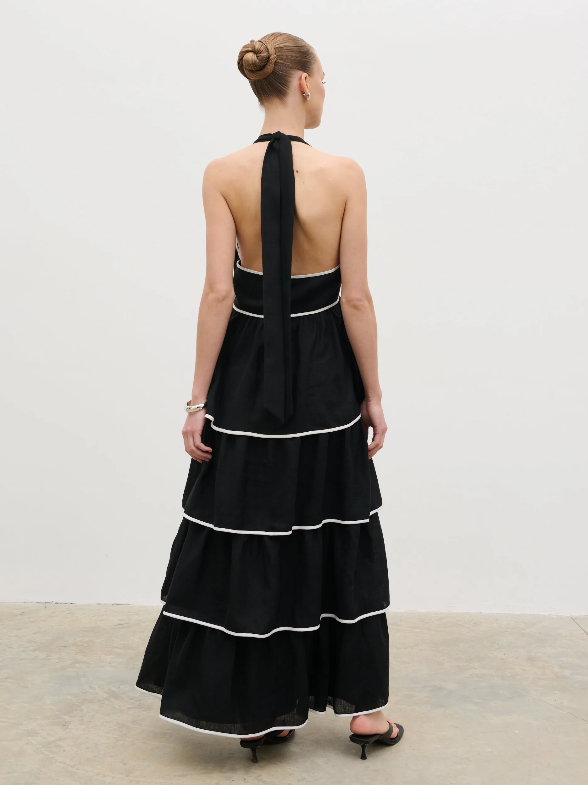 Miri Halterneck Contrast Tiered Midaxi Dress - Black and Cream - Image 5