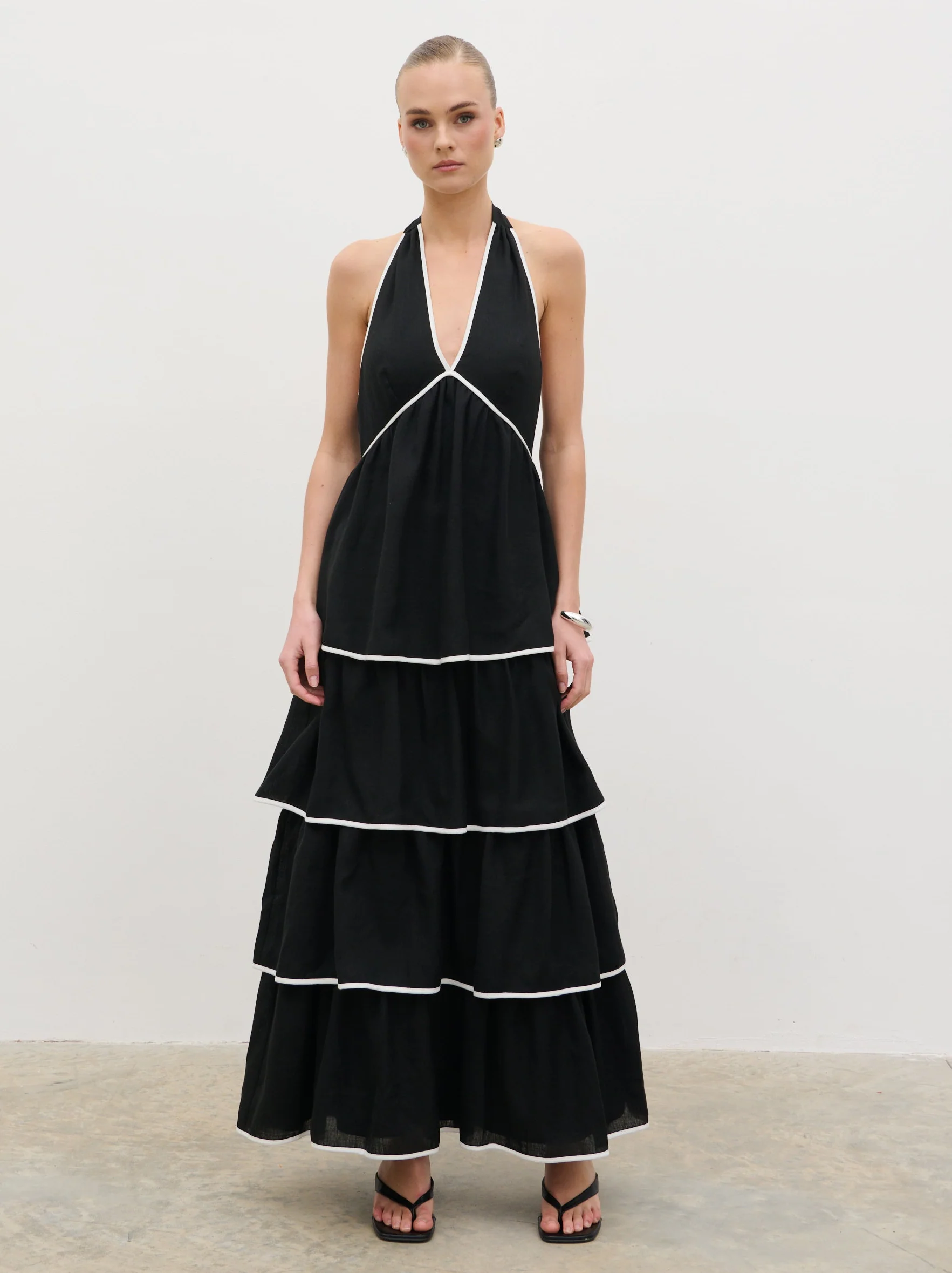 Miri Halterneck Contrast Tiered Midaxi Dress - Black and Cream - Image 6