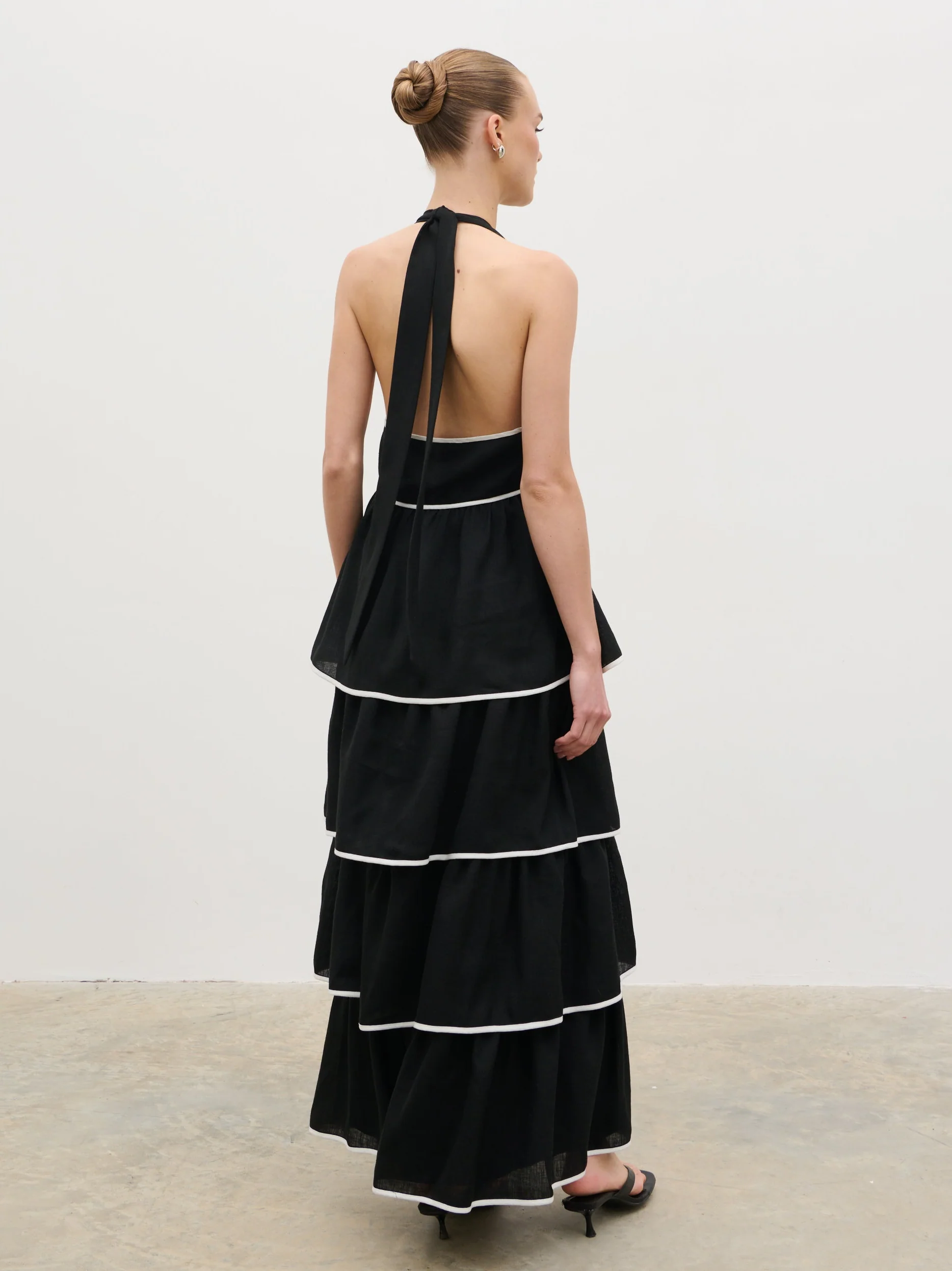 Miri Halterneck Contrast Tiered Midaxi Dress - Black and Cream - Image 7